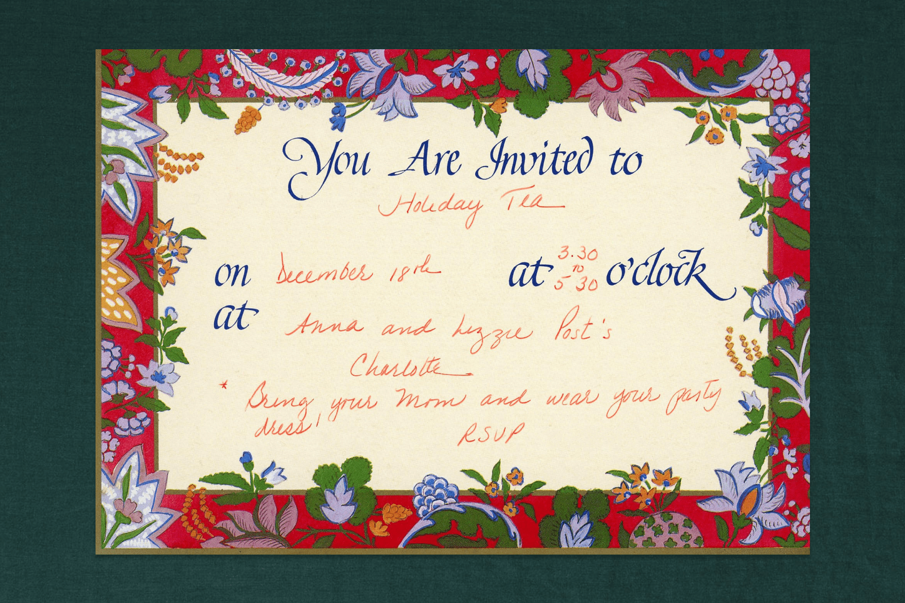 handwritten, horizontally formatted invitation for “Holiday Tea” with a red, folk art-inspired floral border