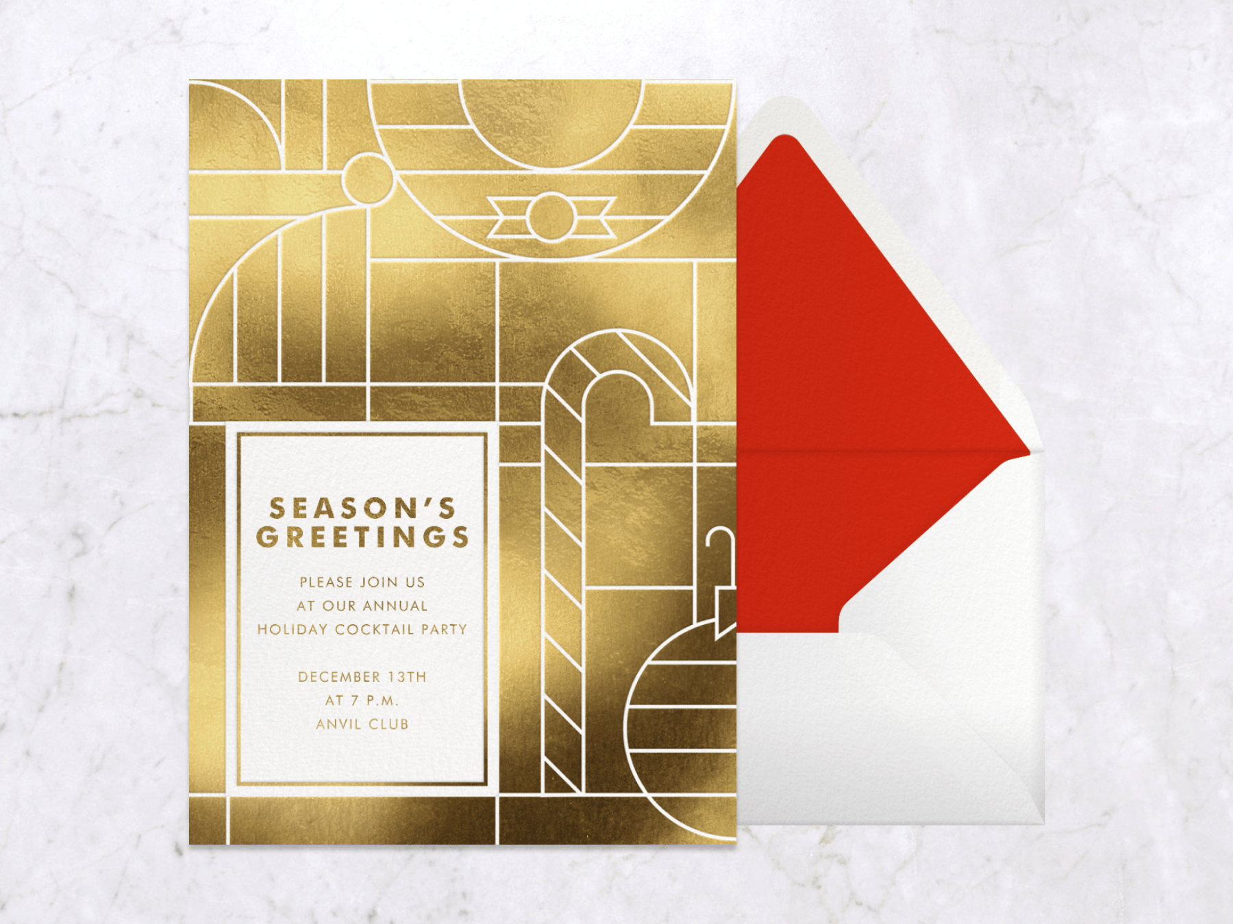 metallic gold holiday cocktail party invitation with simplified white Christmas-related shapes—including a candy cane, wreath, and ornament—forming a pattern