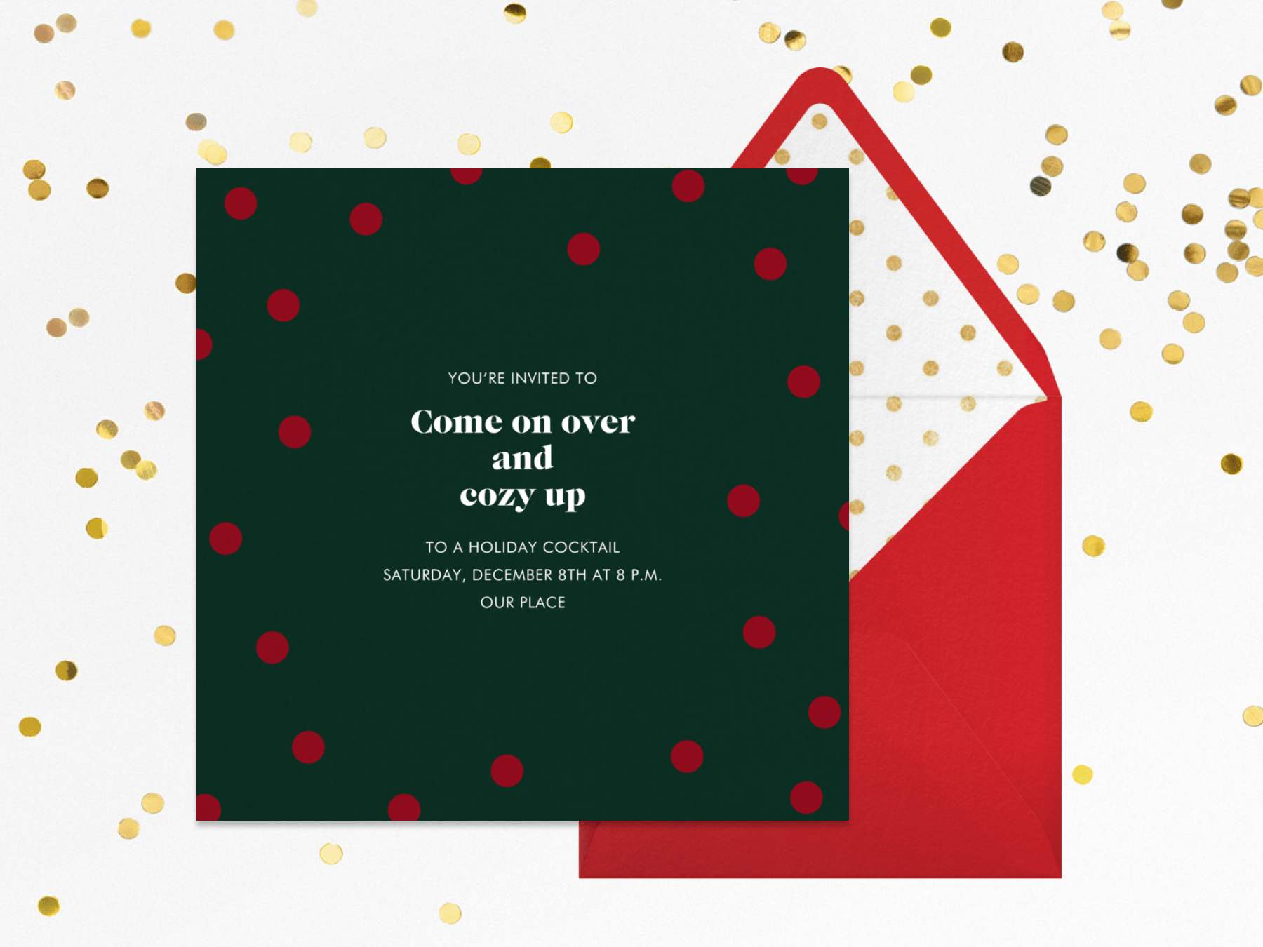 square holiday cocktail party invitation with a dark green background and small red dots forming a subtle border