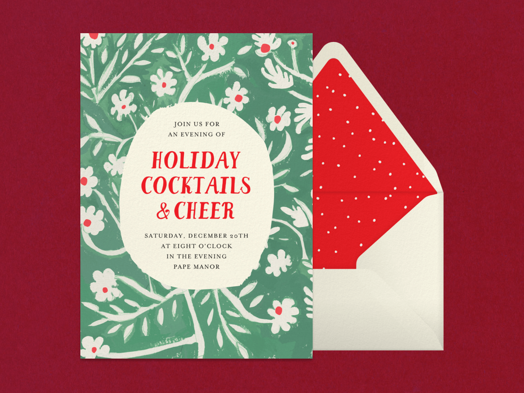 holiday cocktail party invitation with a grassy green background and painterly white flowers with red centers growing from the center