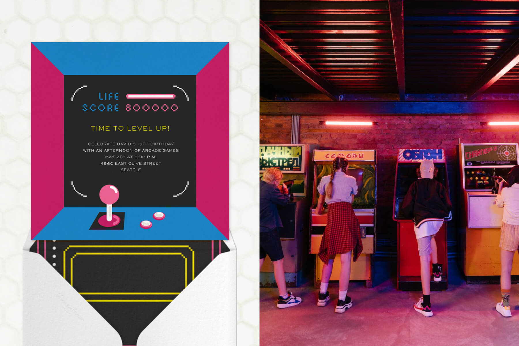 Left: A blue and pink invitation that looks like an arcade console; right: kids playing vintage arcade games.