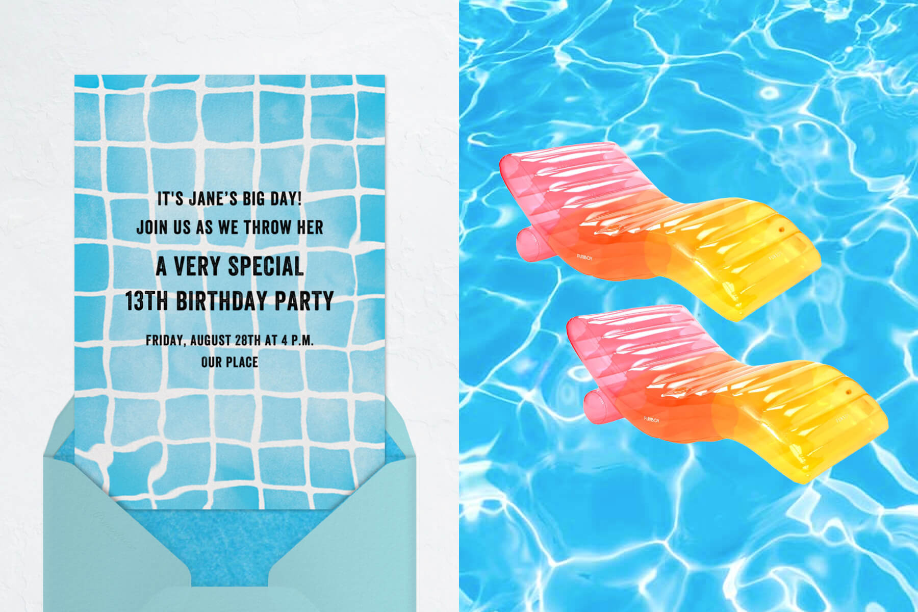 Left: A blue invitation with a grid background that looks like the bottom of a pool; right: two rainbow blow-up chairs layered on a picture of pool water.