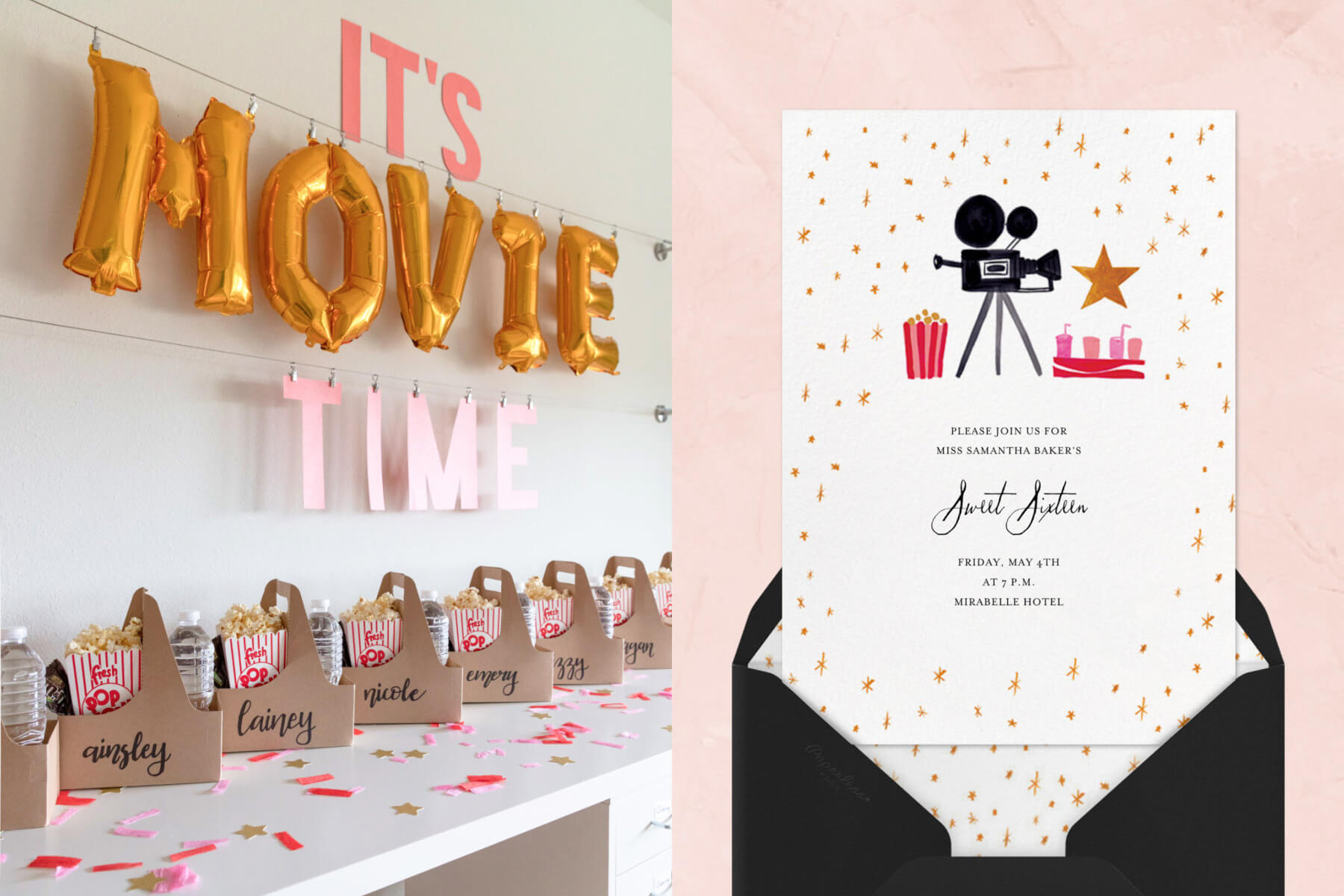 Left: A balloon sign that reads “It’s Movie Time” over a table with labeled boxes of water and popcorn; right: An invitation featuring an illustration of a vintage movie camera, popcorn, and soda.