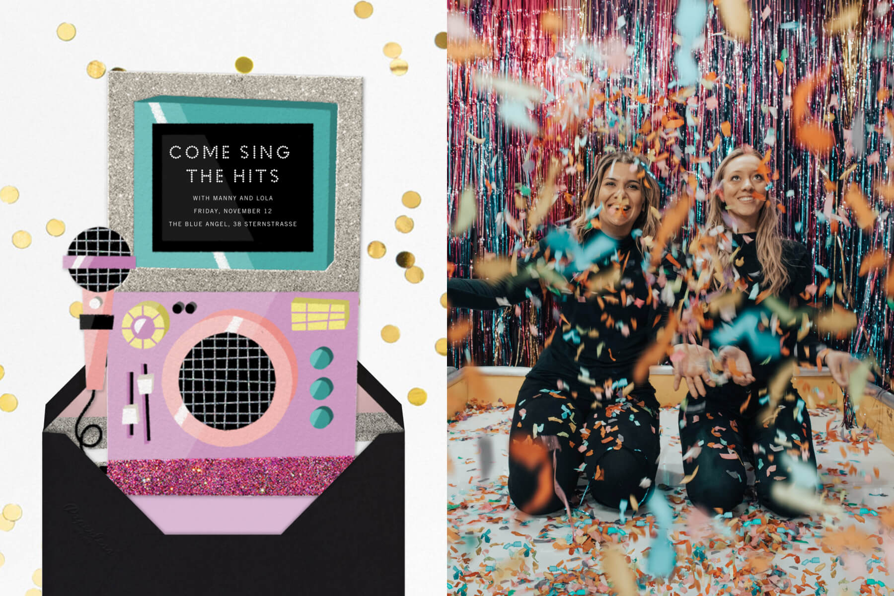 Left: A sparkly invitation shaped like a karaoke machine with a microphone; right: two young women kneeling and throwing confetti.