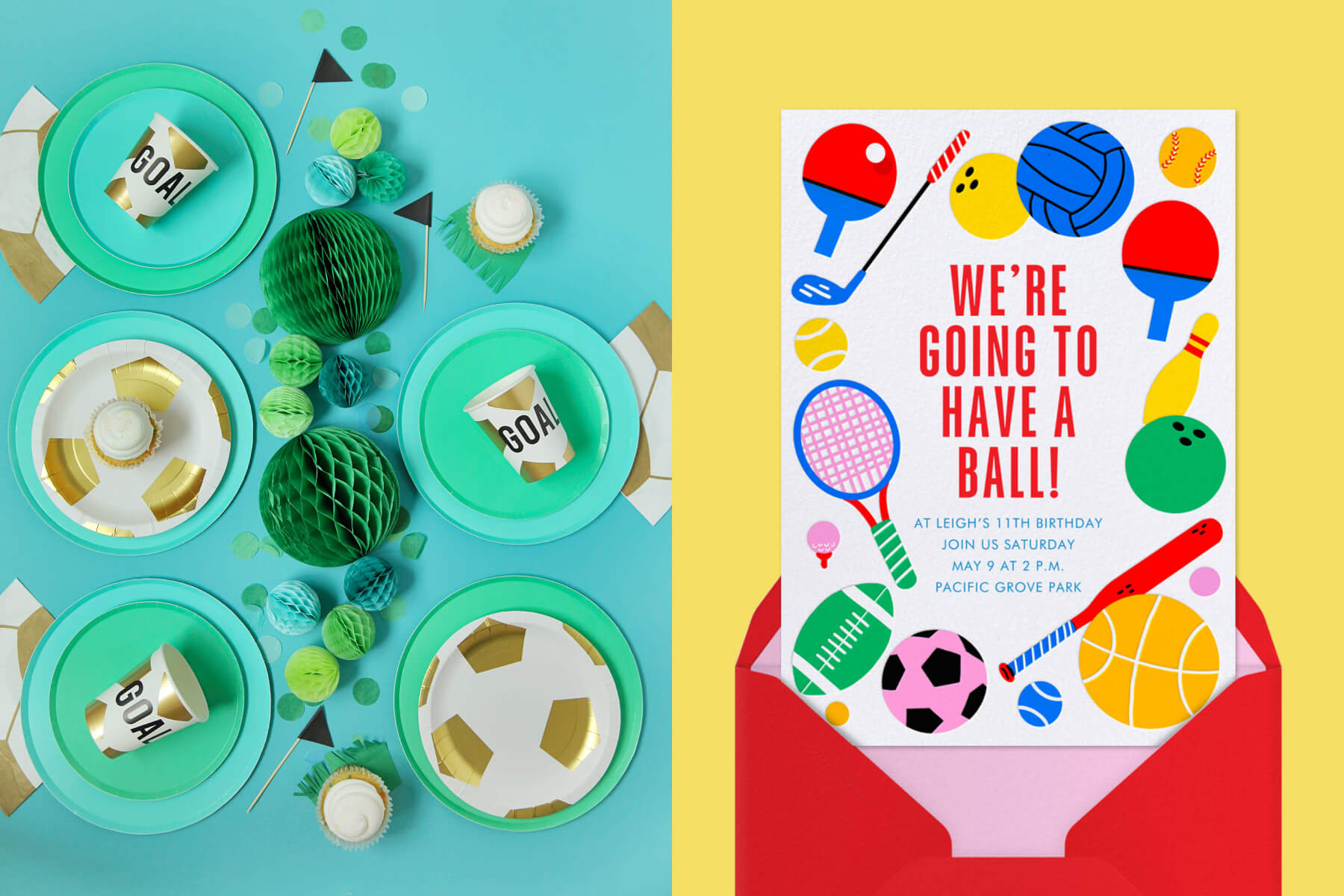 Left: Overhead photograph of a teal table with teal, gold, and green table settings with a soccer theme; right: a white invitation with illustrations of sports items like soccer balls, baseball bats, tennis rackets, etc.