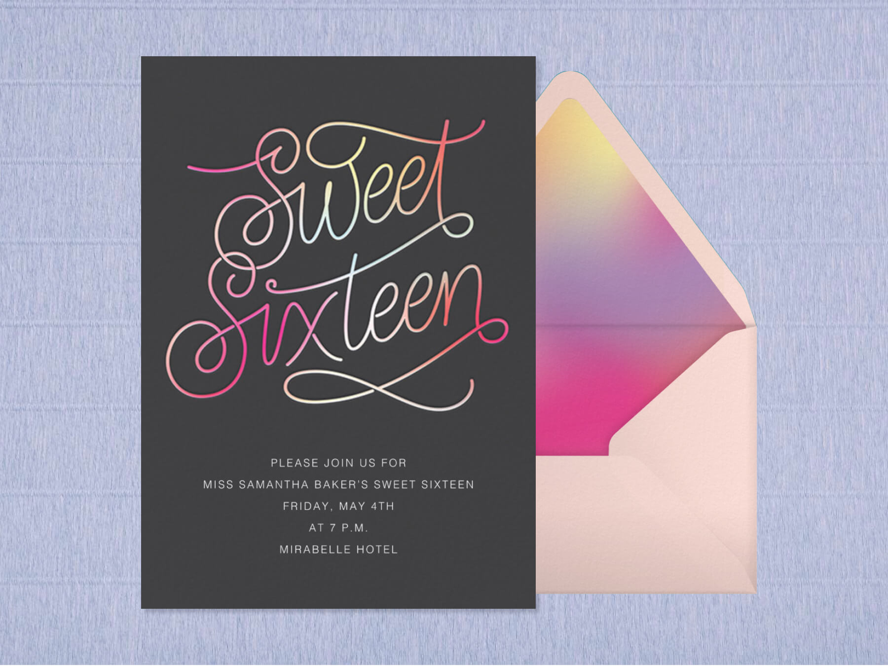 A black invitation with rainbow script that reads “Sweet Sixteen.”