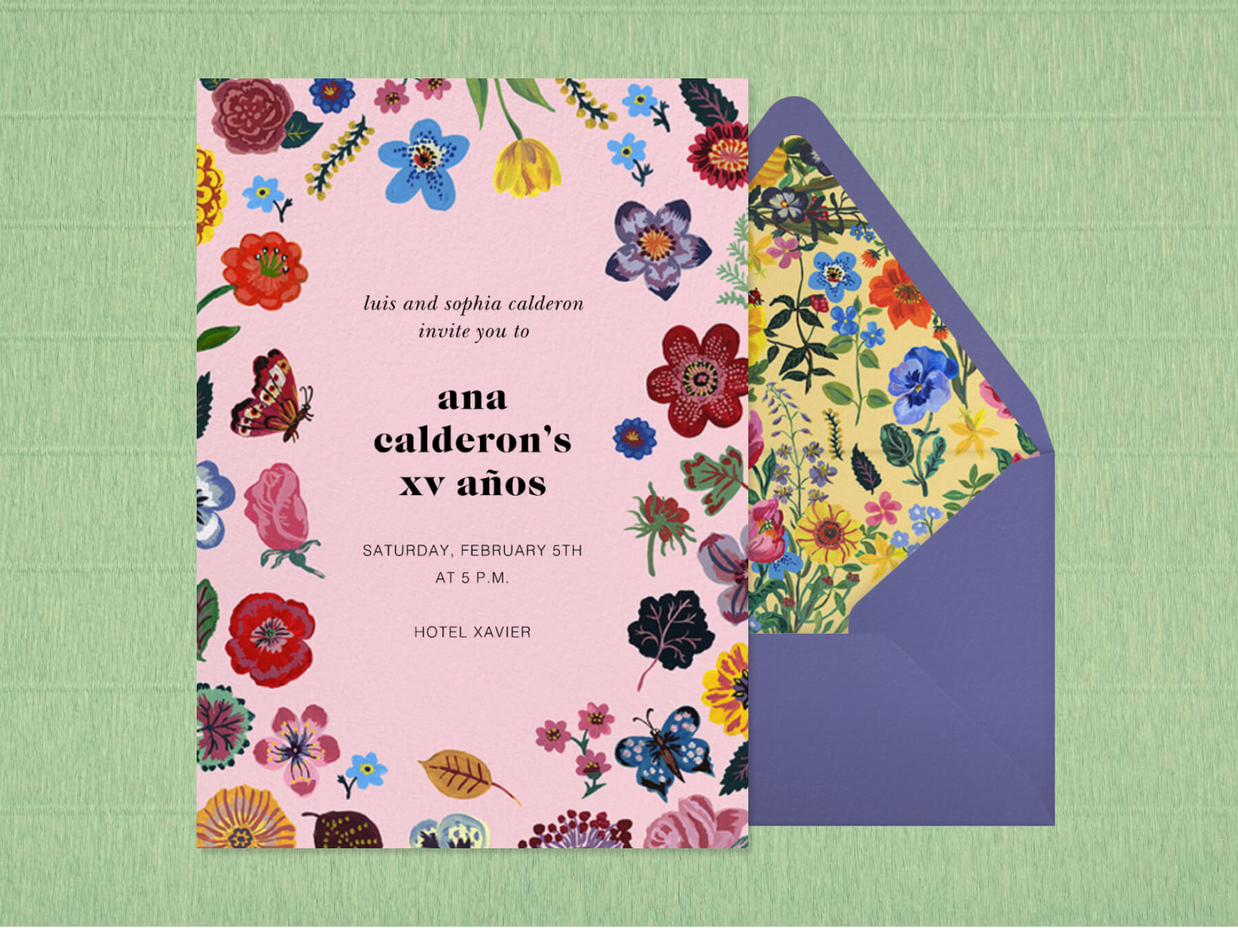 A pink invitation featuring illustrations of butterflies and flowers.