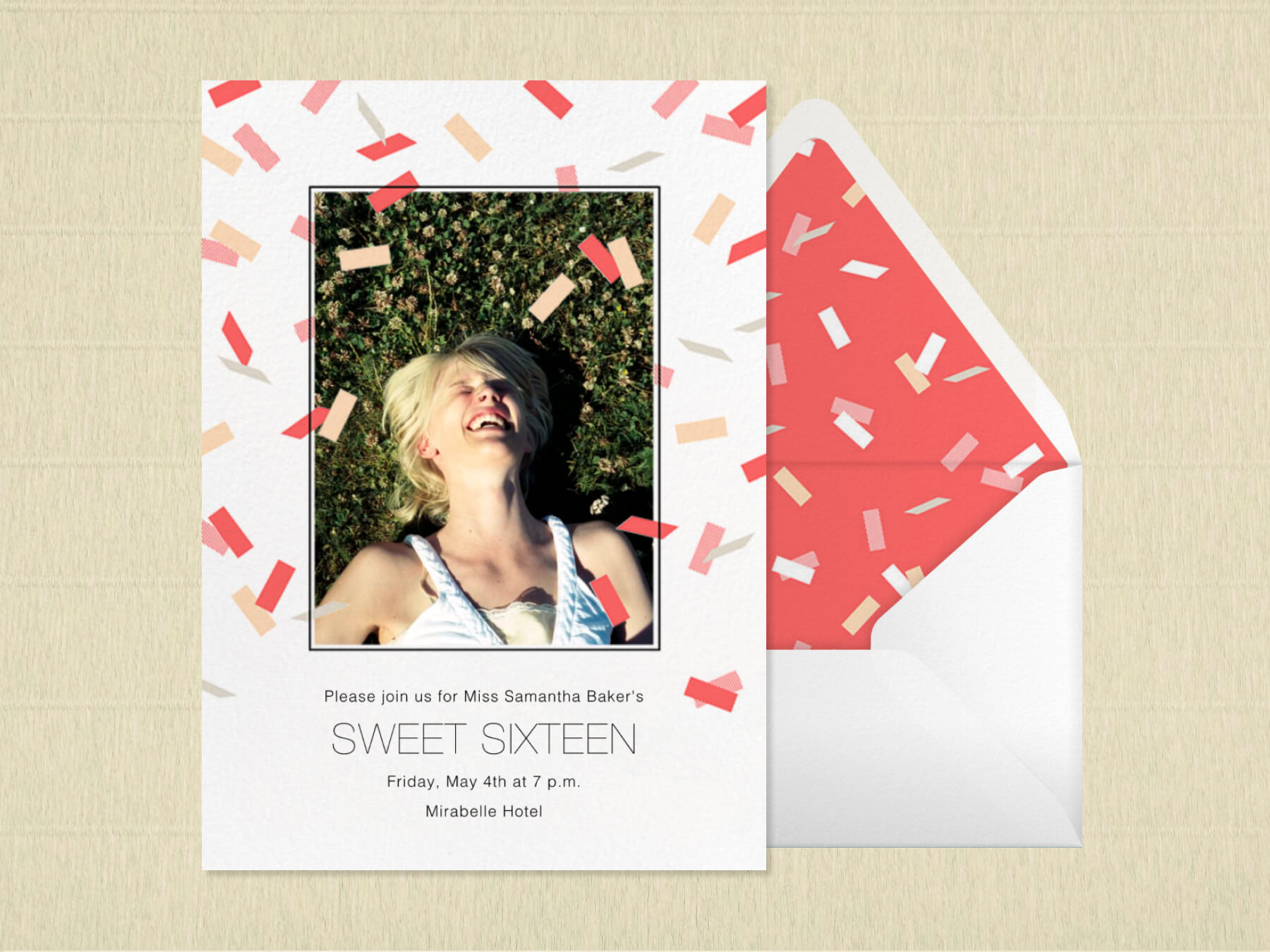 A white invitation featuring a photo placeholder and illustrations of confetti.