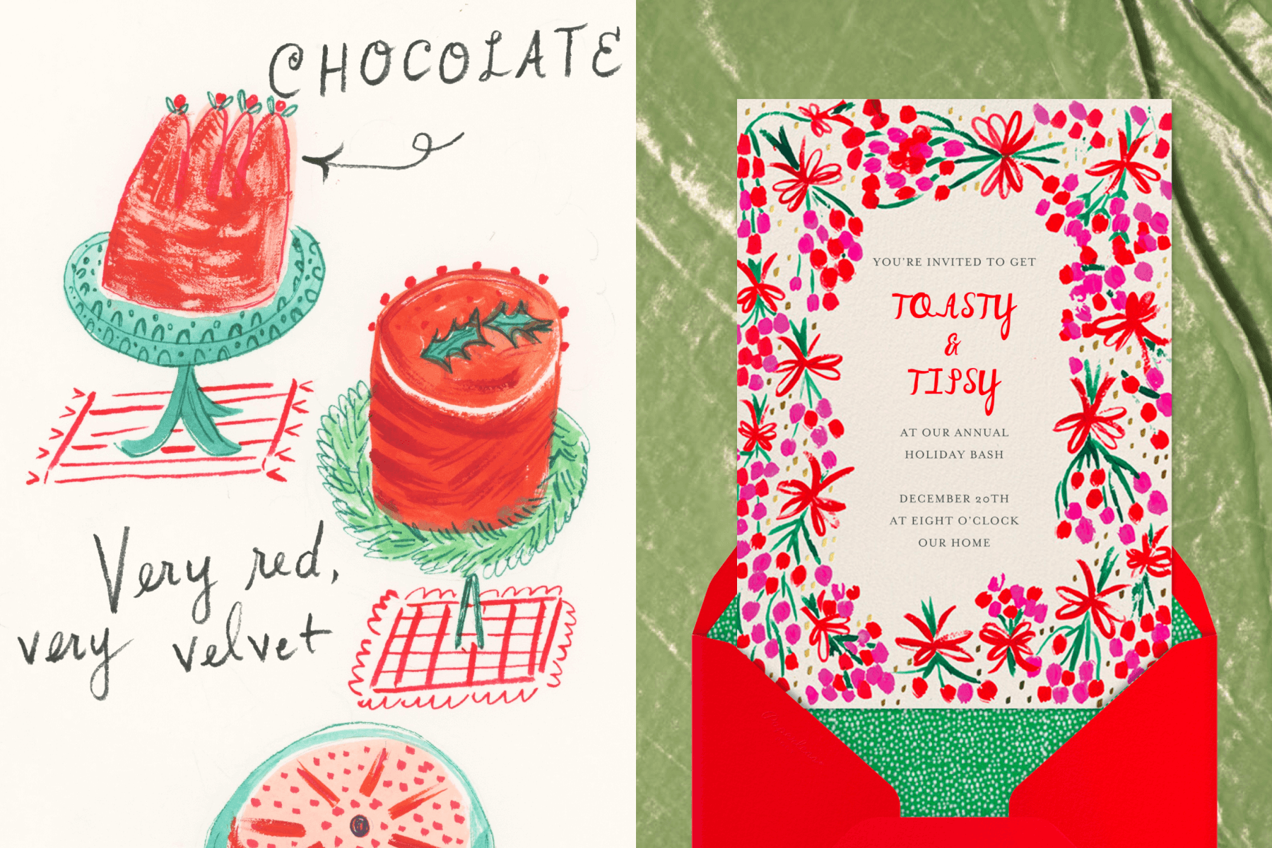 left: Childlike drawings of three different red dessert cakes on green stands with the labels “chocolate,” “very red, very velvet,” and “Juniper’s tart.” Right: A white holiday party invitation with simplified illustrations of pink and red floral bouquets tied with bows around the border