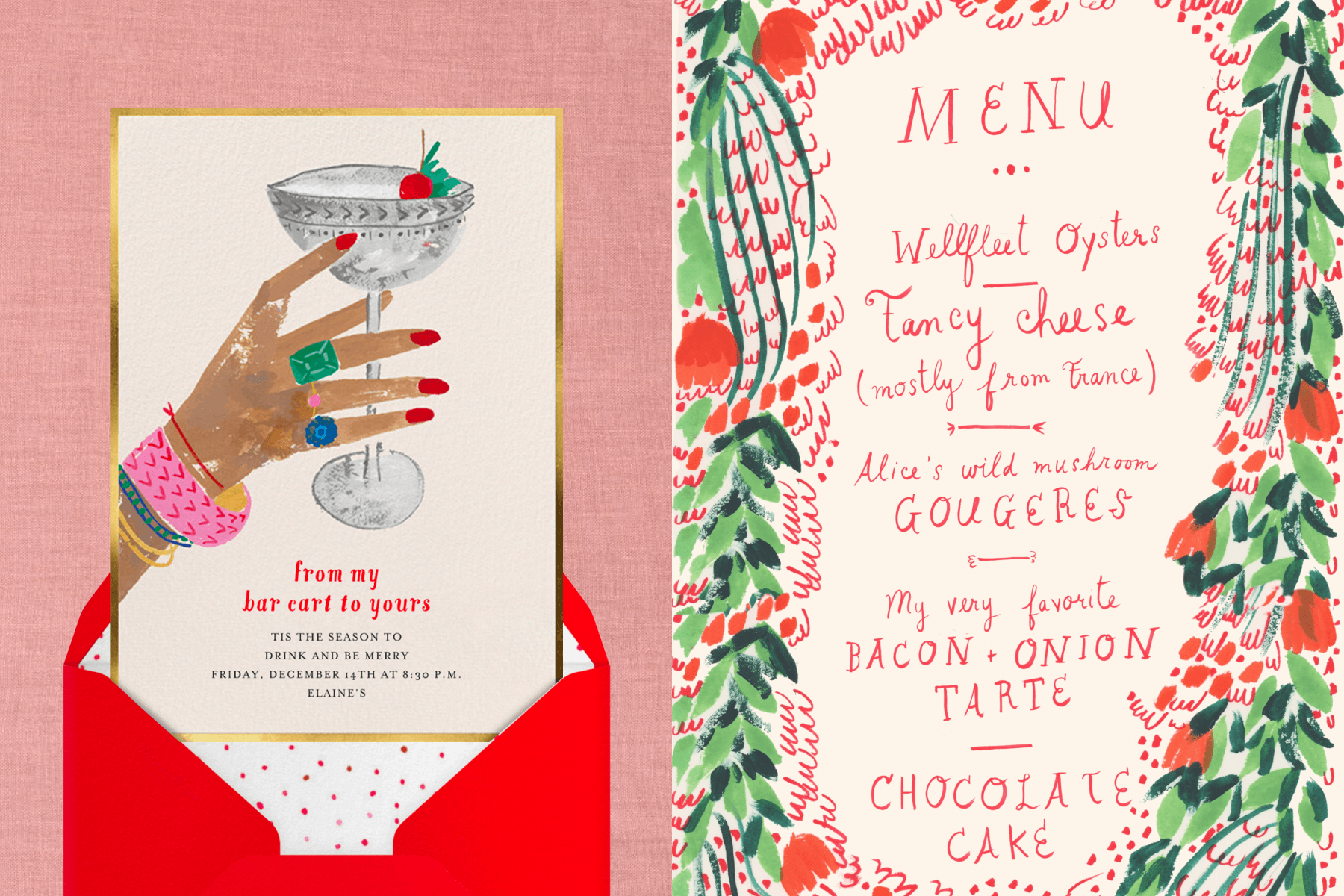 left: A cocktail party invitation with a painting of a hand wearing red nail polish and colorful jewelry holding an engraved coupe glass with a cherry garnish. Right: A hand-drawn menu featuring multiple courses of one meal with a border of painterly greenery and red flowers