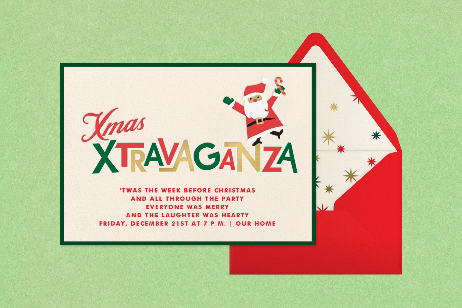 A Christmas party invitation with a cartoon Santa and colorful text reading ‘XMAS XTRAVAGANZA’ over a light green backdrop
