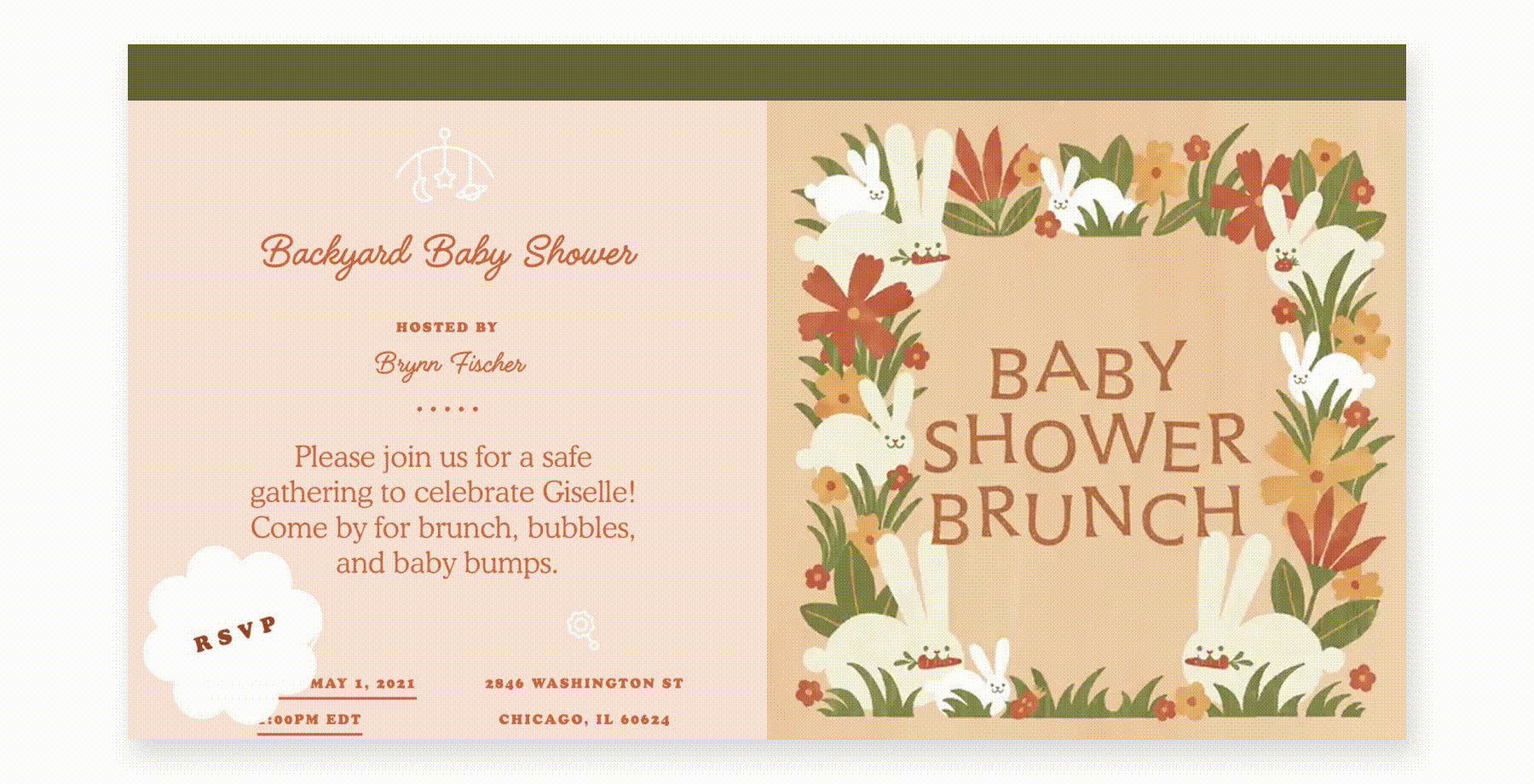 An online invite for a baby shower brunch with rabbits in a garden munching on carrots