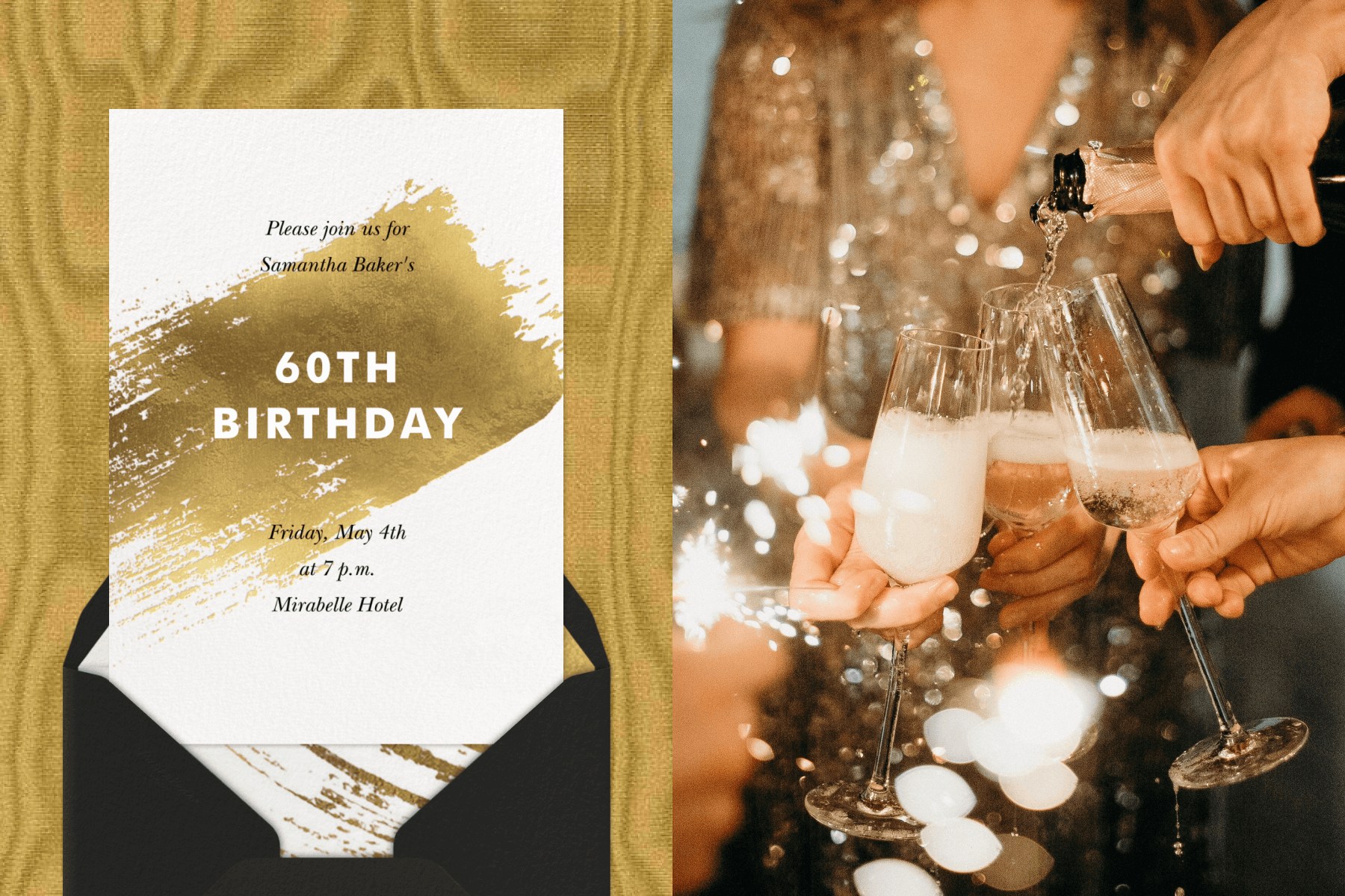  Left: “Impasto - Gold” invitation by Paperless Post featuring a gold paint swipe; Right: Close-up image of friends pouring champagne into glasses.