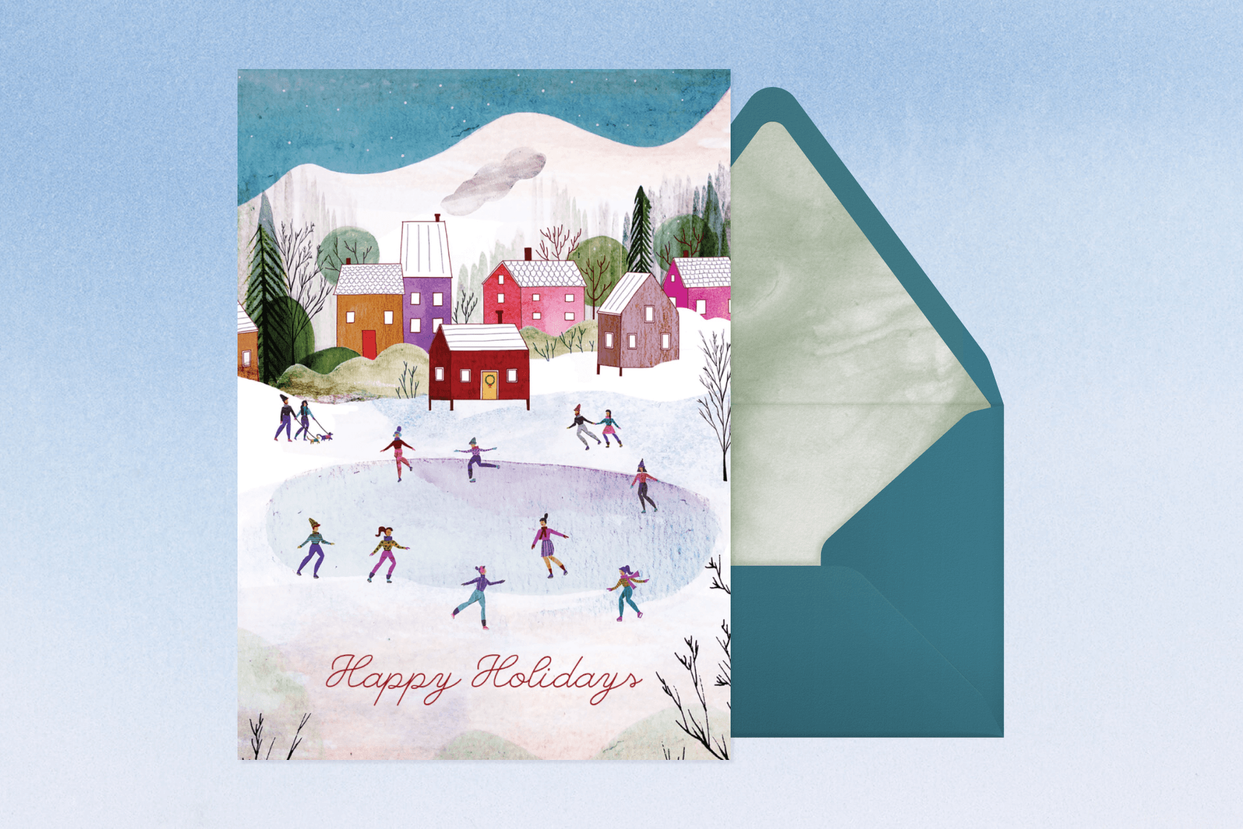 A card shows a winter scene with people ice skating in front of colorful houses.