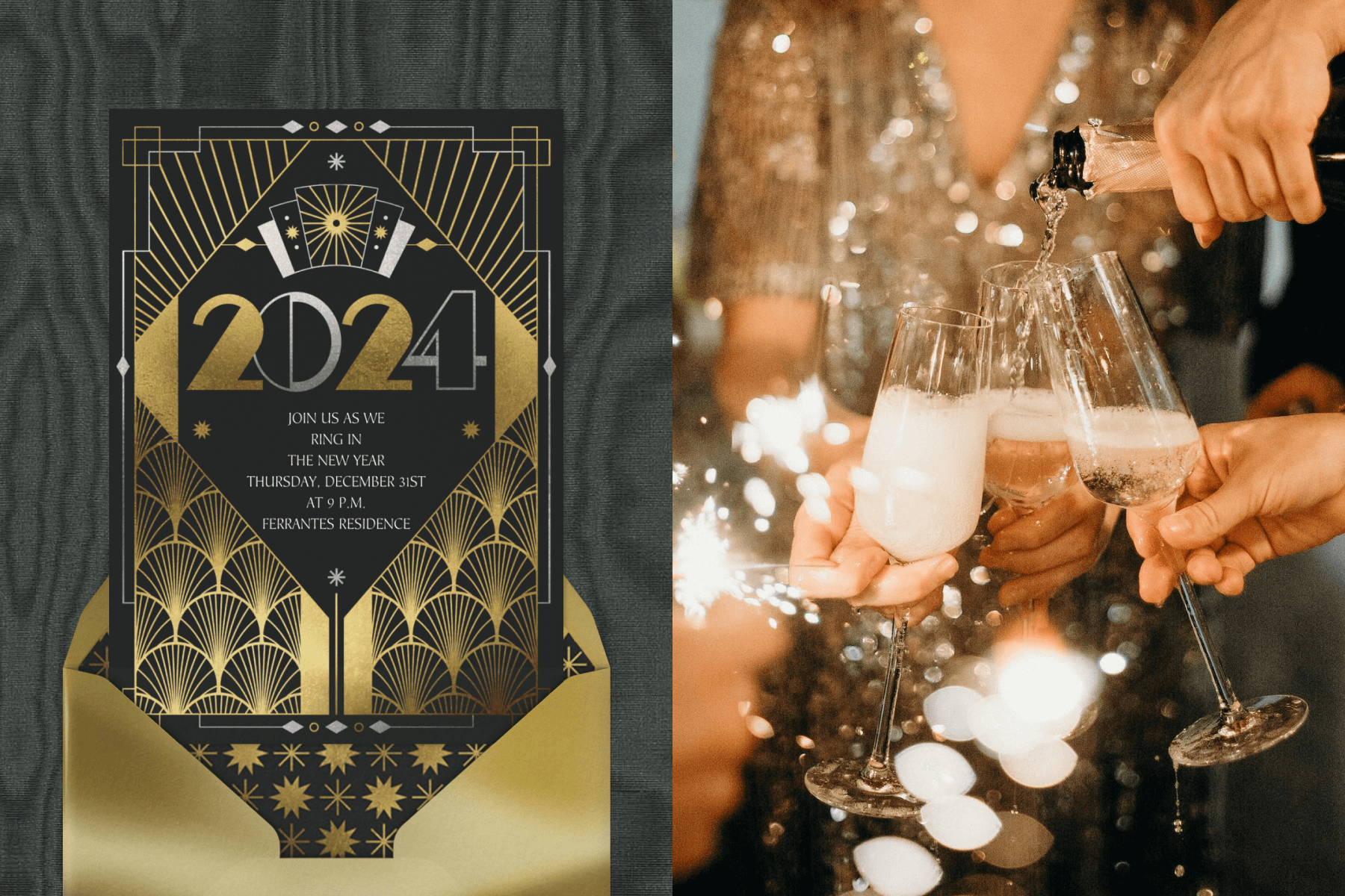 Left: An Art Deco-style patterned card in gold, black, and silver with “2024” in the center and a gold envelope. Right: People hold out three Champagne flutes for refills from a bottle.