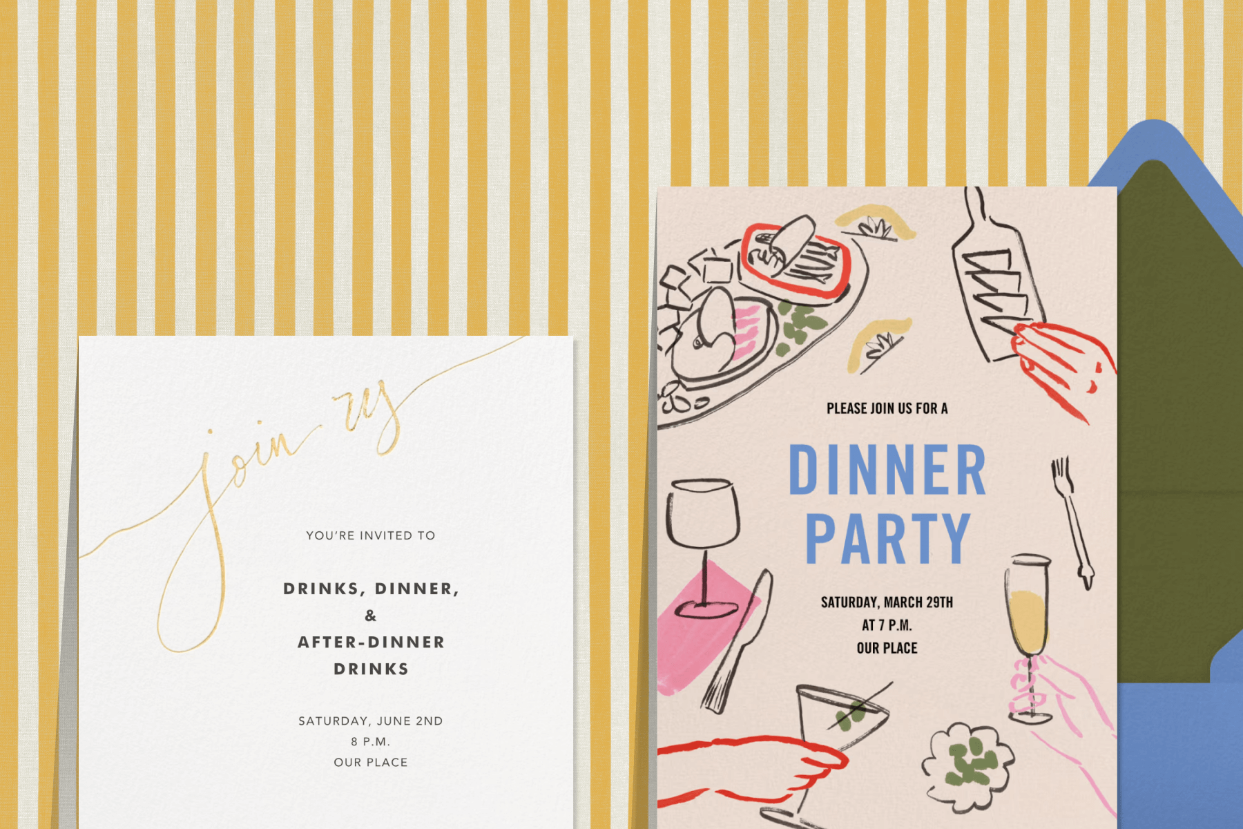 A yellow and white striped background featuring two event invitations: One with gold script that reads ‘Join us’ on a white background, another with colorful dinner party illustrations paired with a blue envelope and green envelope liner.