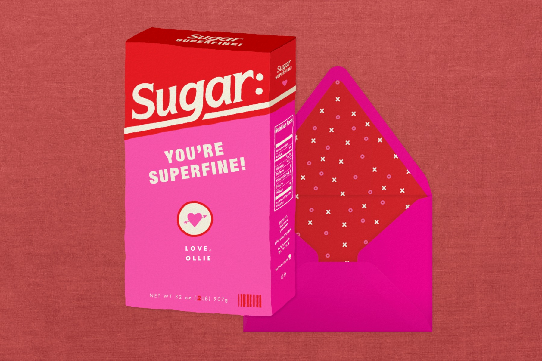 A pink and red card looks like a box of sugar and reads ‘sugar: you’re superfine!’