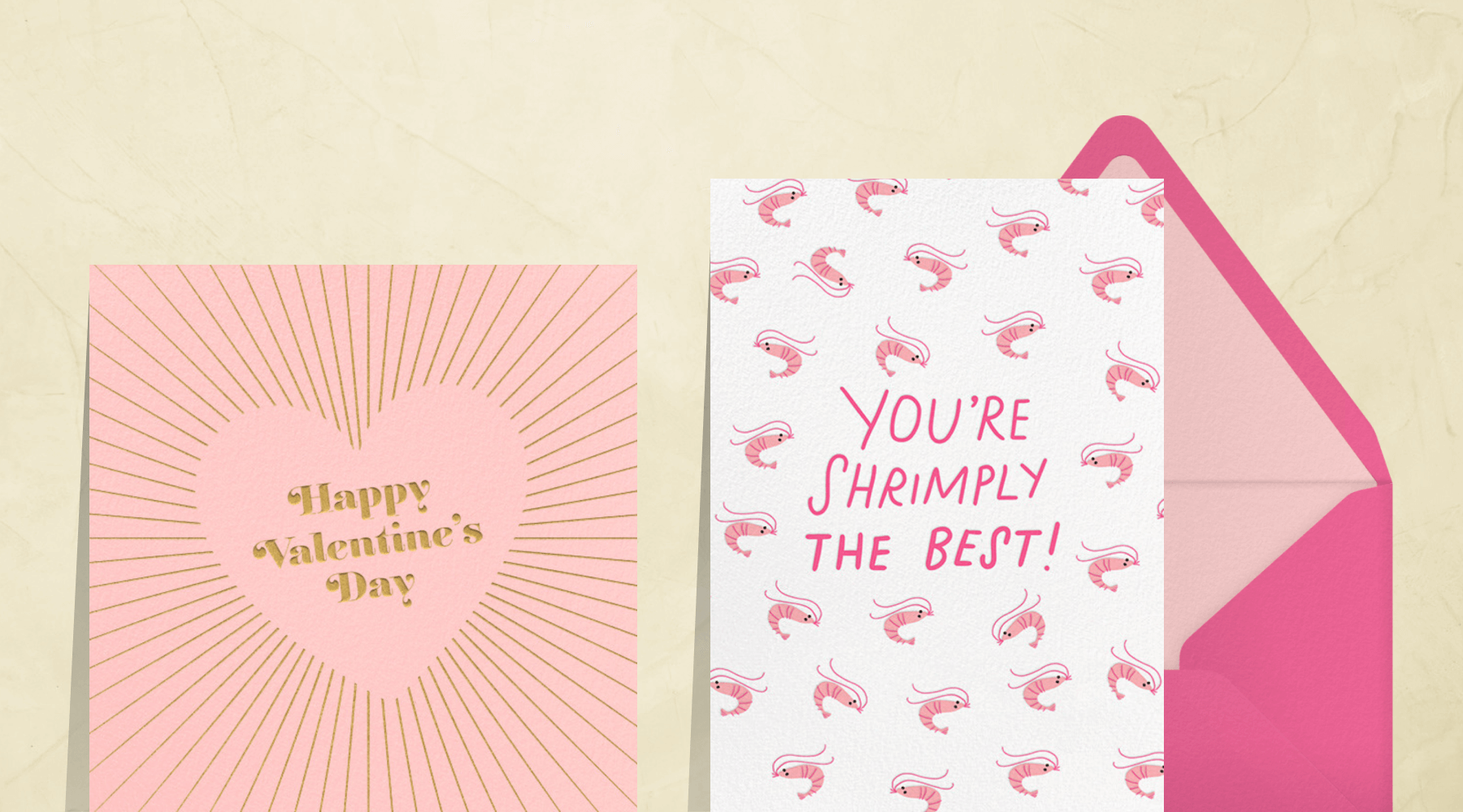 Left: A pink square VDay card with the words “Happy Valentine’s Day” in a heart; Right: A VDay card with a shrimp pattern that reads “You’re shrimply the best!”
