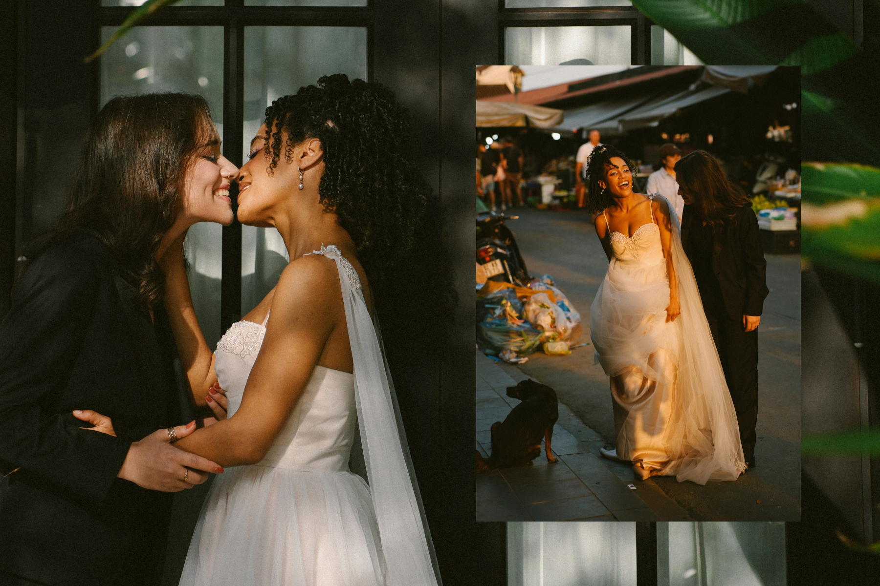 ALT: Left: A bride in a white dress kisses a bride wearing a black suit. Right: The same two brides candidly pose in the street near an outdoor market.