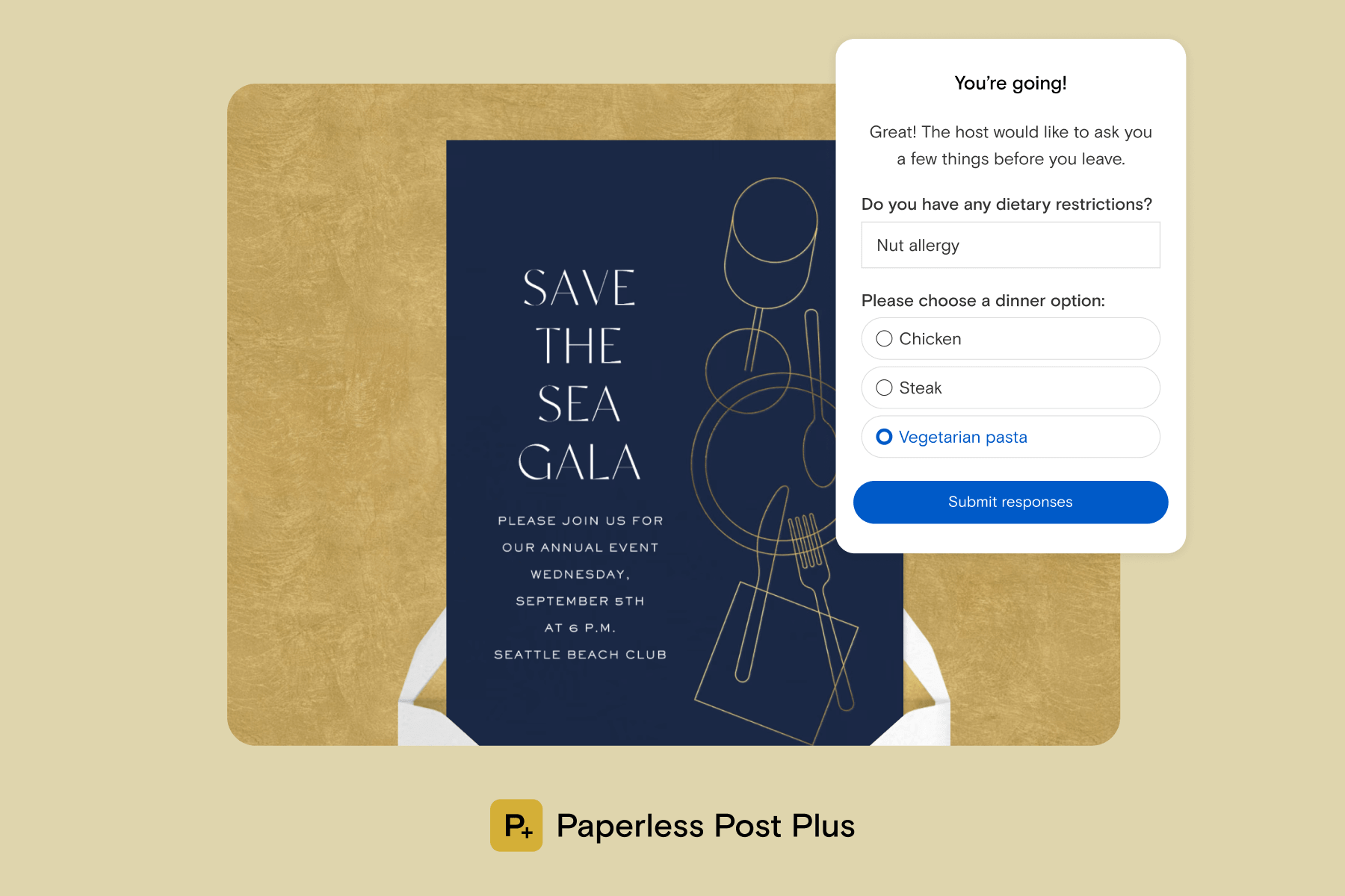 An event invitation featuring a navy background, gold line illustrations of a wine glass and place setting, and text that reads ‘SAVE THE SEA GALA’ paired with a white envelope, gold envelope liner, and gold background, plus a popup that reads ‘You’re going!’ and requests dietary restrictions and dinner choice.
