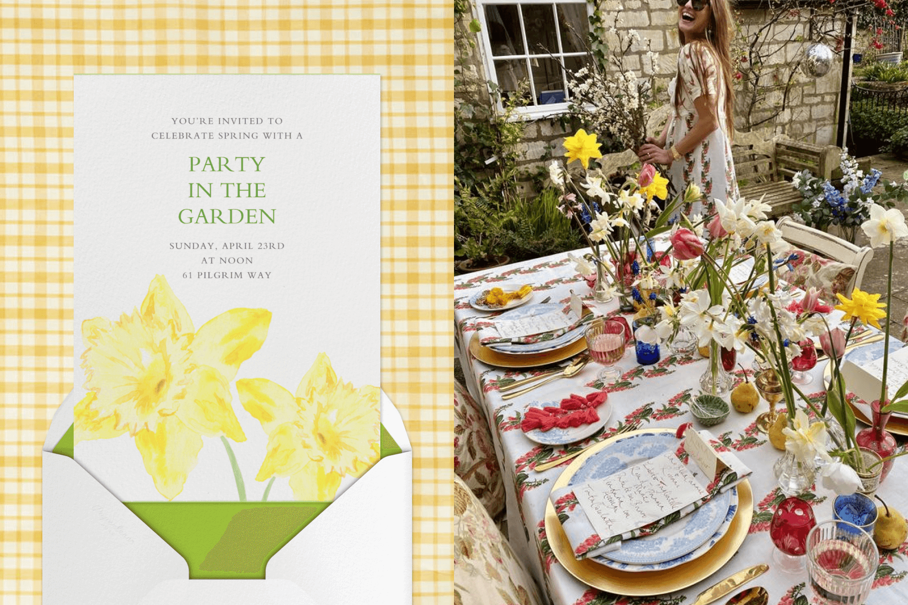 An invitation with large daffodils and an envelope with green liner; am outdoor table set with fruit, daffodils, and tulips