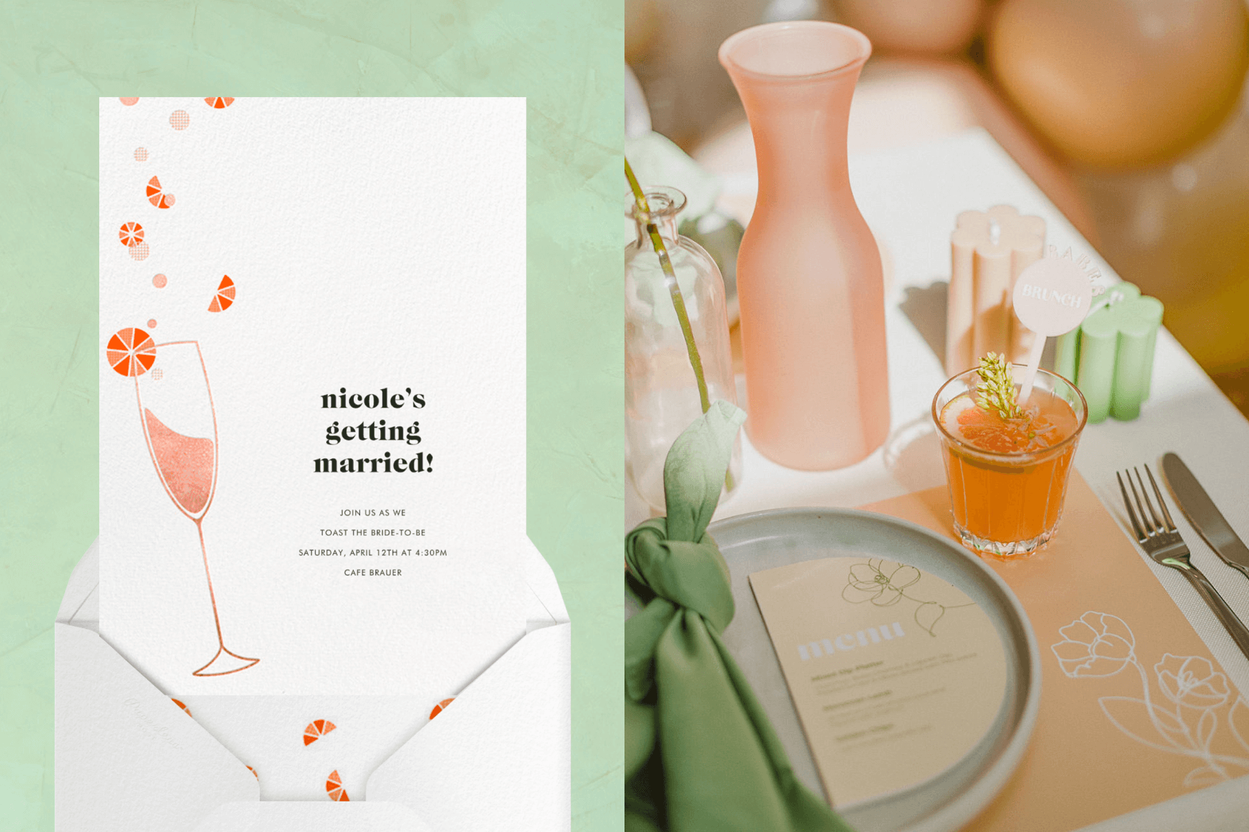 Left: A bridal shower invitation featuring a bellini cocktail illustration; right: close-up photograph of a peach and green table setting.