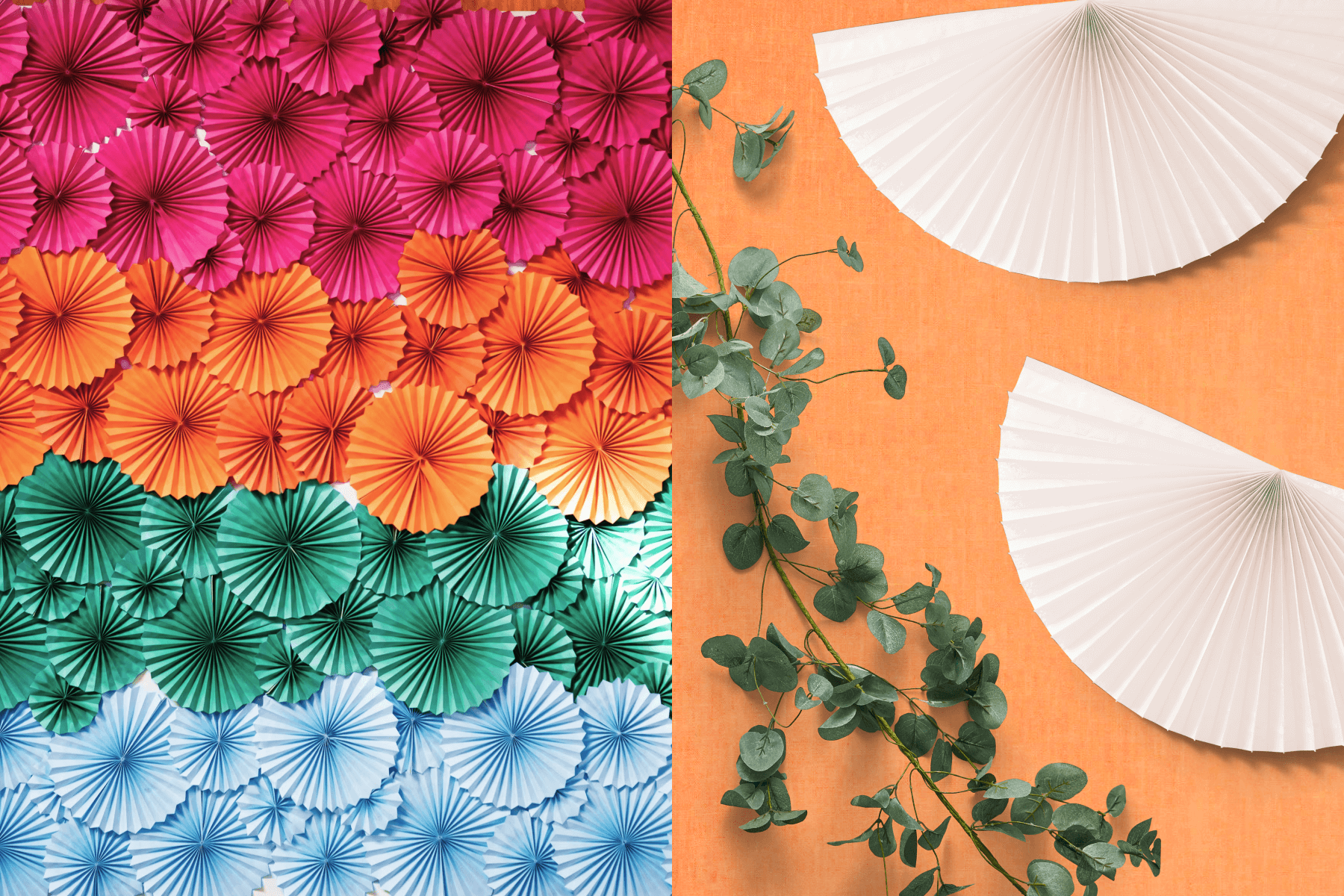 left: Colorful circular fan decorations arranged from top to bottom: Fuchsia, orange, green, blue. Right: An orange background with a branch of eucalyptus and two white fan semi-circle decorations.