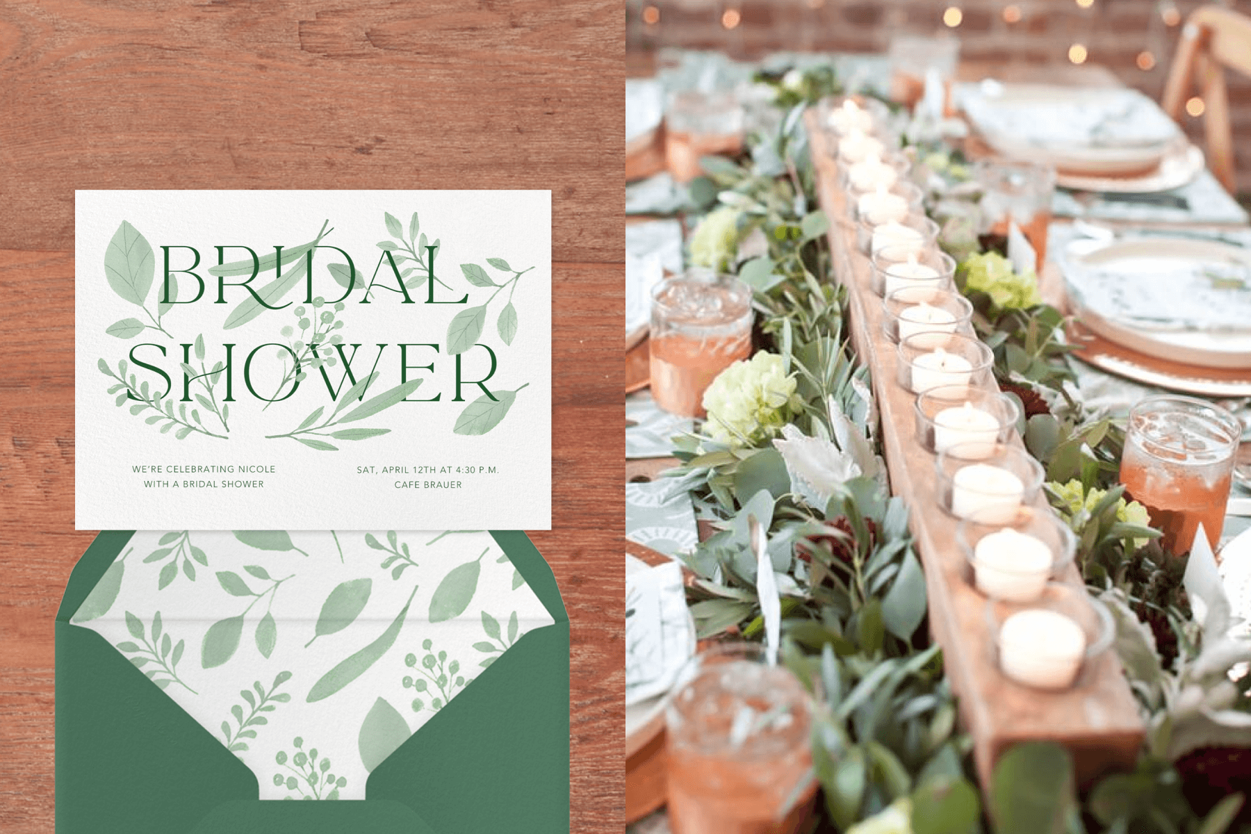 left: A horizontal bridal shower invitation with painterly light green leaves woven throughout the letters.