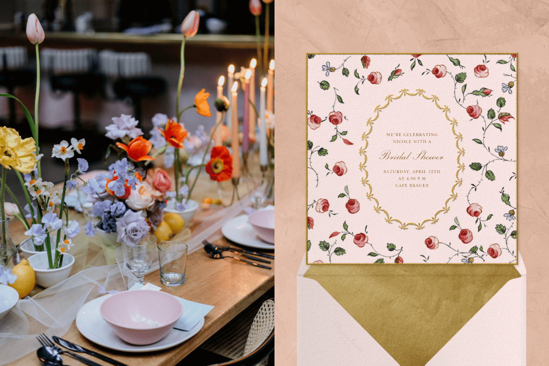 left: A tablescape with colorful spring flowers along the center, pastel taper candles, and pink place settings. Right: A square bridal shower invitation with a light pink background and small roses illustrated around a gold swag oval.