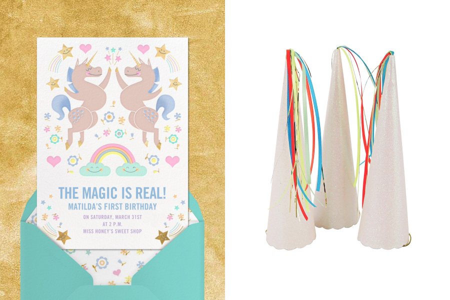 Left: A unicorn birthday party invitation featuring an illustration of unicorns high fiving surrounded by stars, hearts, and rainbows; right: white party hats in the shape of a unicorn horn with rainbow tassels on the ends.