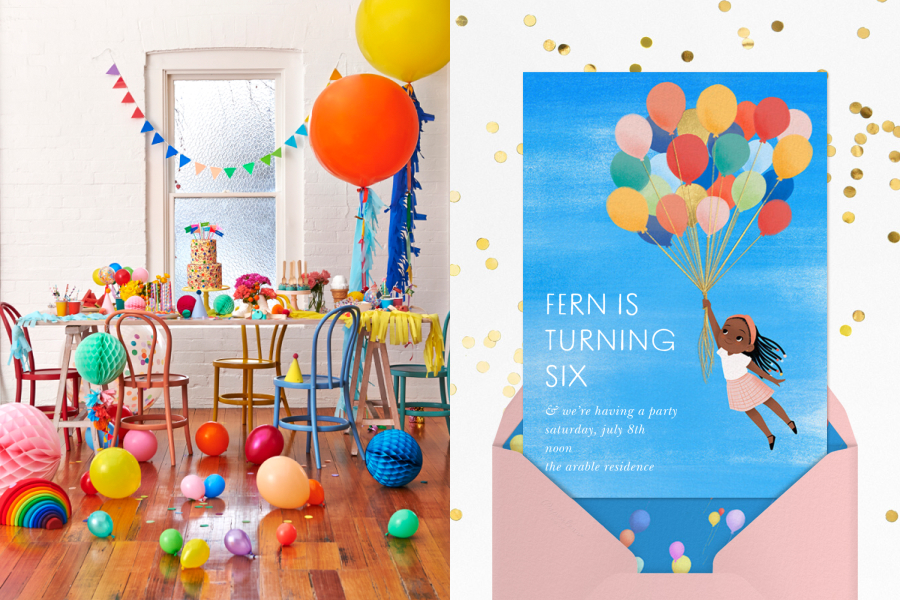 Left: A colorful party scene with balloons, bunting, and honeycombs surrounding a table and chairs covered in sweets; right: a sky-blue birthday invitation featuring a young girl flying away with a giant clutch of rainbow balloons.