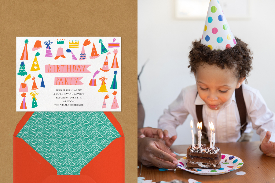 Left: A horizontal birthday party invitation with illustrations of differently colored and shaped party hats; right: a small boy wearing a birthday hat and blowing out candles on a piece of chocolate cake.