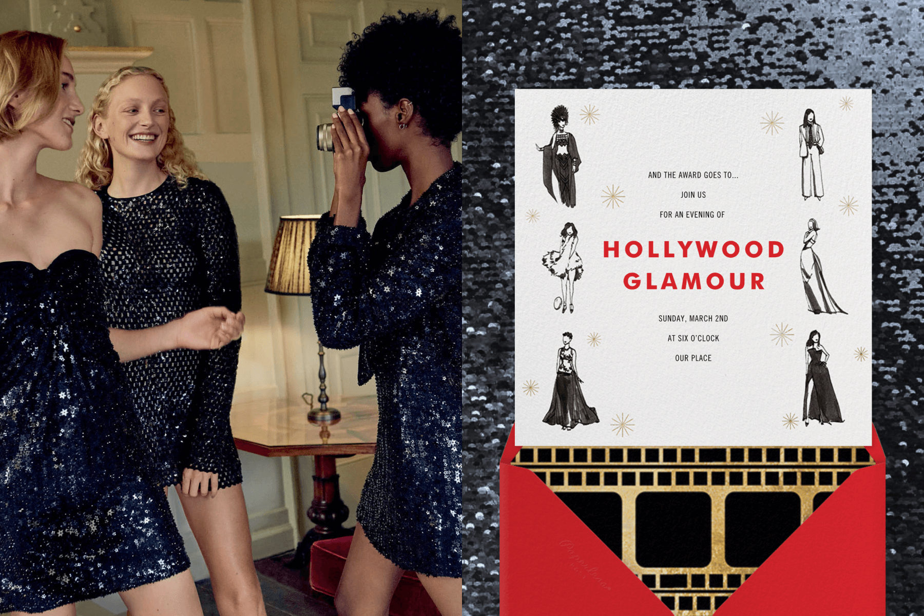 Left: A woman takes a photo of two other women, all dressed im black sparkly dresses. Right: An invitation to an “evening of Hollywood glamour” with six sketches of iconic awards show dresses on a black sequined backdrop.