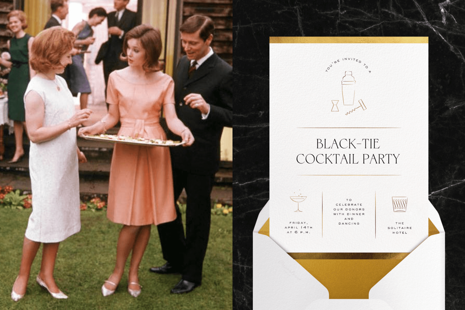 Left: a vintage photograph of a woman handing out hors d’oeuvres at a party; right: a white and gold cocktail party invitation featuring illustrations of a cocktail stirrer, glasses, and other accessories.