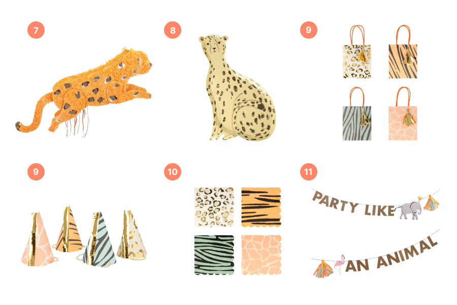 clockwise from top left: Four party bags in animal prints; A banner that reads “PARTY LIKE AN ANIMAL” with an elephant and flamingo; A plate shaped like a cheetah; four scallop-edge napkins in animal prints; four animal print party hats; A cheetah-shaped piñata.