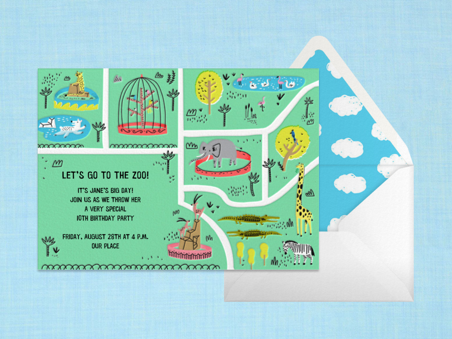 A green child’s birthday party invitation with a map-like illustration of a zoo.