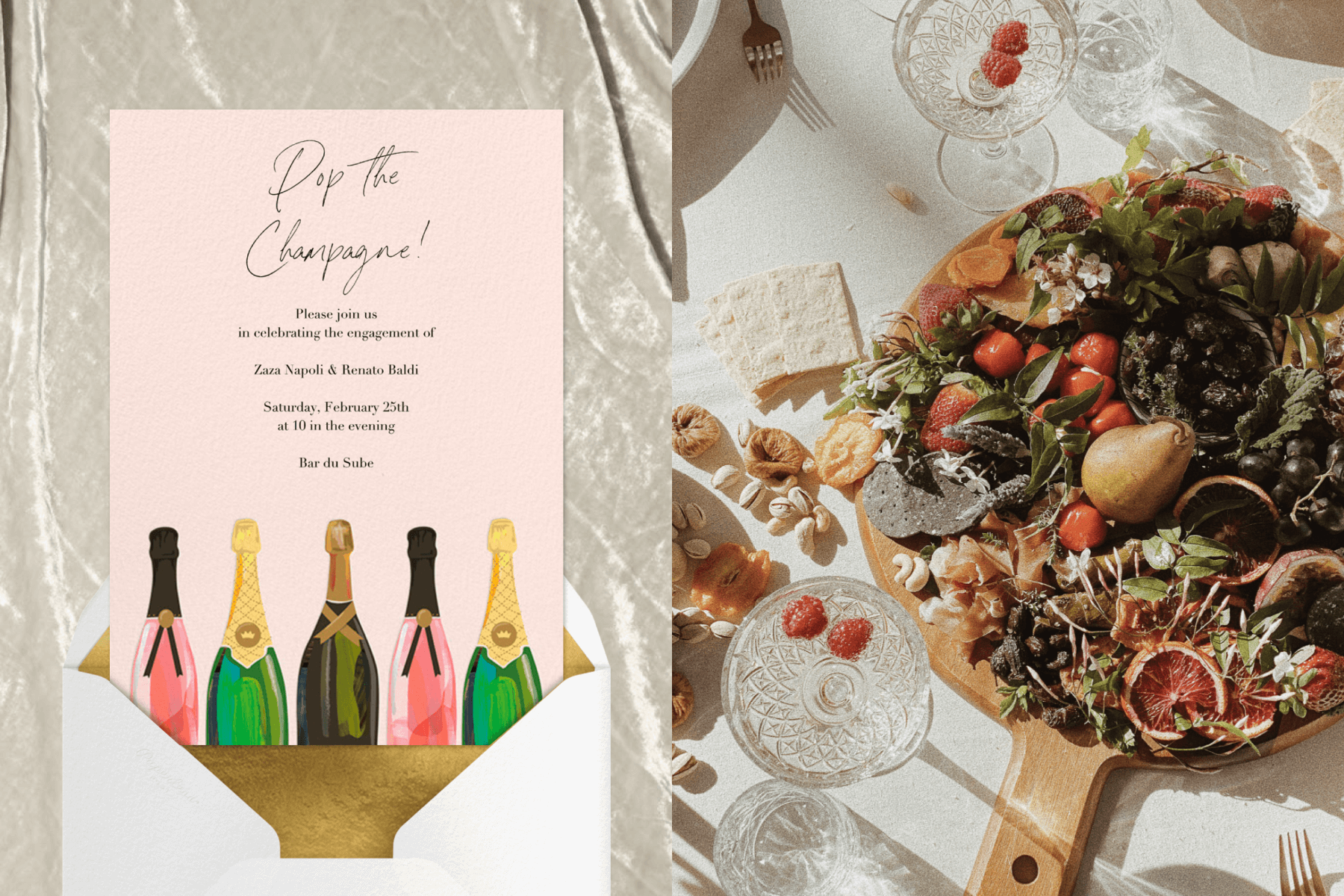 left: A light pink invitation with painted Champagne bottles at the bottom. Right: A wooden serving board is overflowing with fruit and nuts on a table with etched coupe glasses.