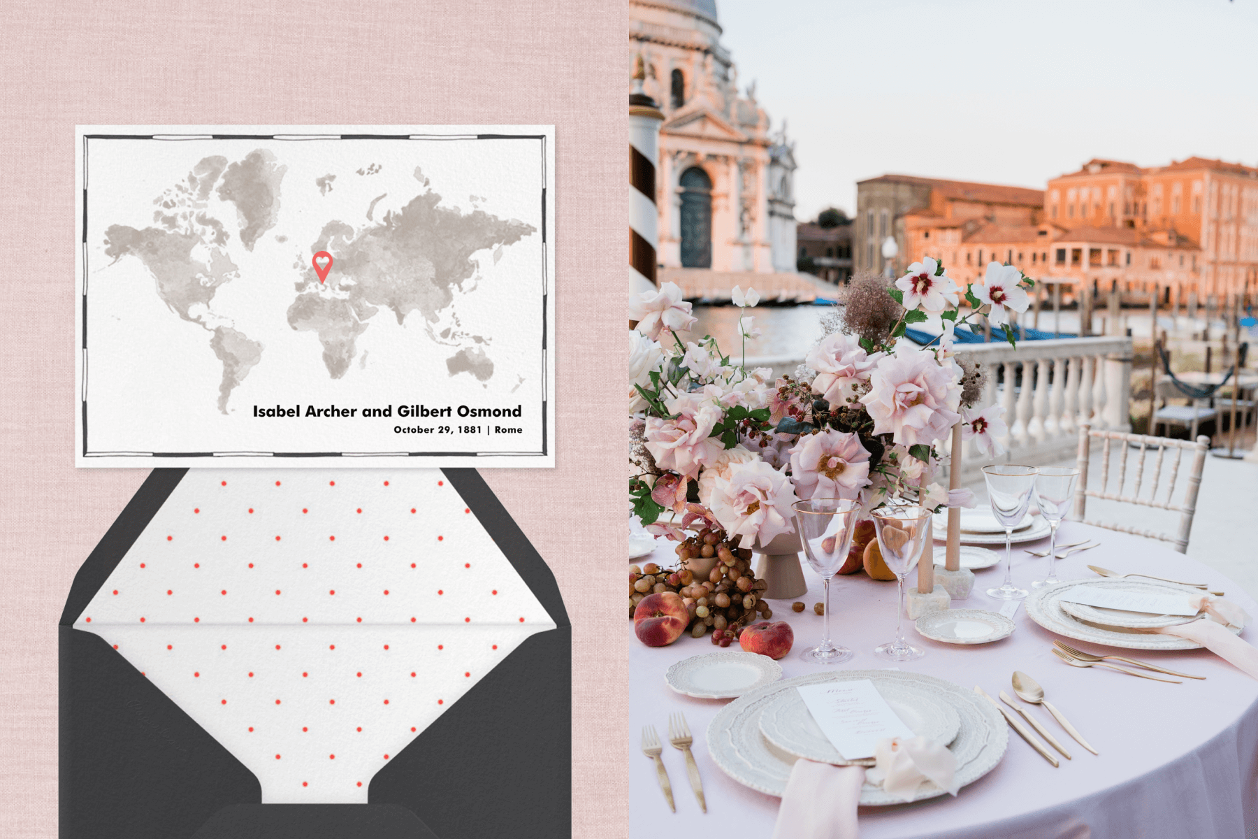 A white save the date with a painterly world map and a pink heart-shaped marker over Italy. Right: An outdoor table with a large pink floral centerpiece and pink tablecloth with Italian city buildings and a river in the background.