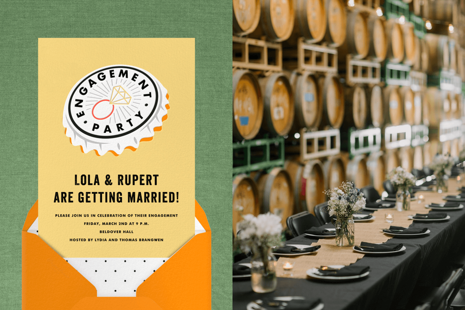 left: A yellow engagement party invitation with a bottle cap illustration with a diamond ring in the center. Right: A long table is minimally set with a black tablecloth in front of a wall of wooden kegs.
