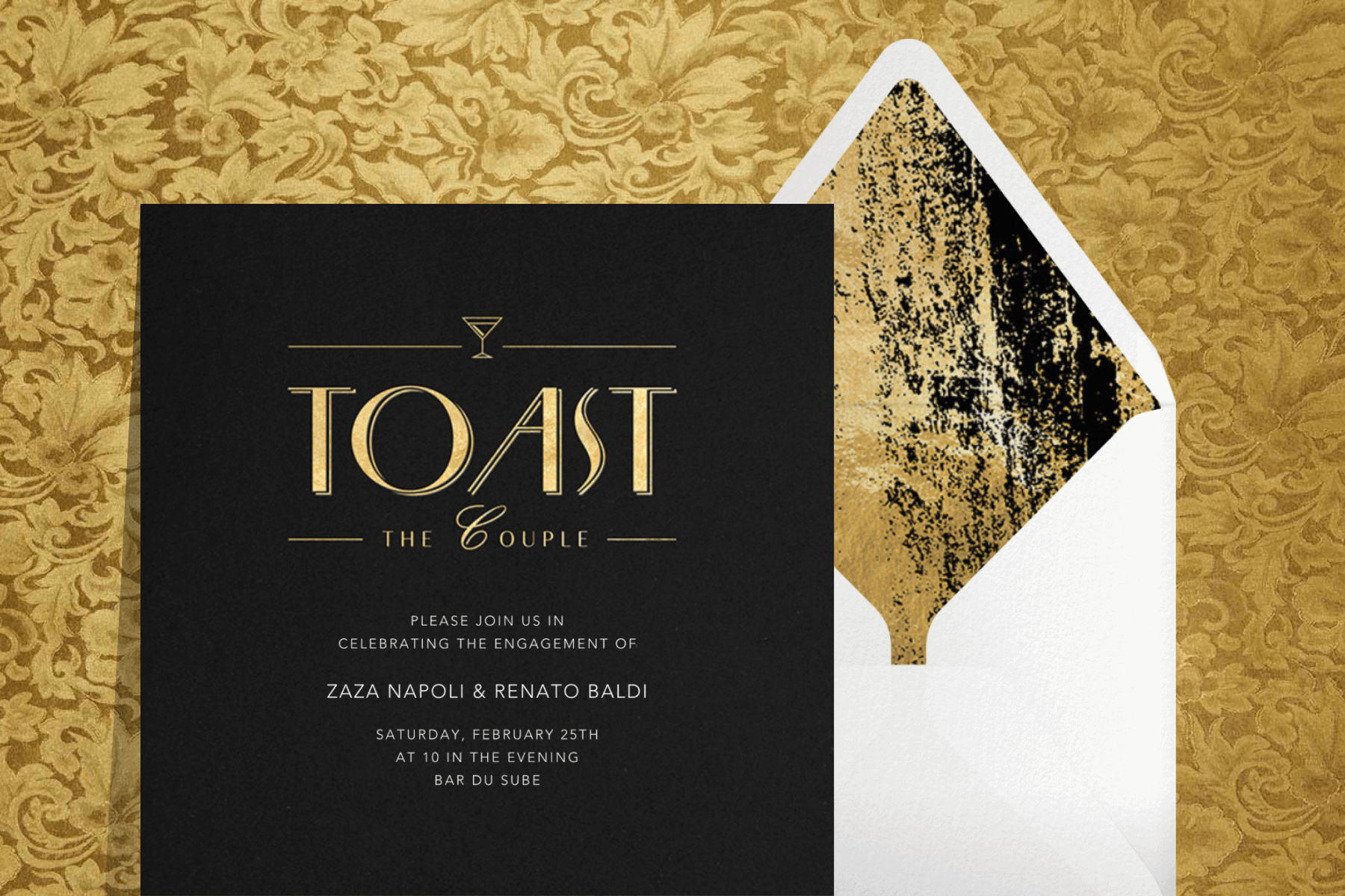 A black engagement party invitation with gold lettering that reads “Toast the couple” and a small gold martini glass beside a white envelope with a shiny gold liner.
