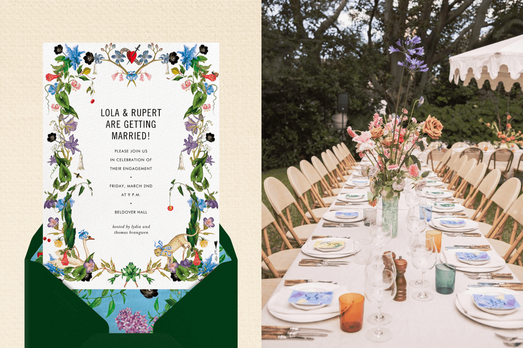 left: A white engagement party invitation with a whimsical border of tropical flowers and foliage, a swan, and cheetah with a bow on its neck. Right: A banquet table outdoors with a white table cloth has an arrangement of garden flowers and roses in the center.