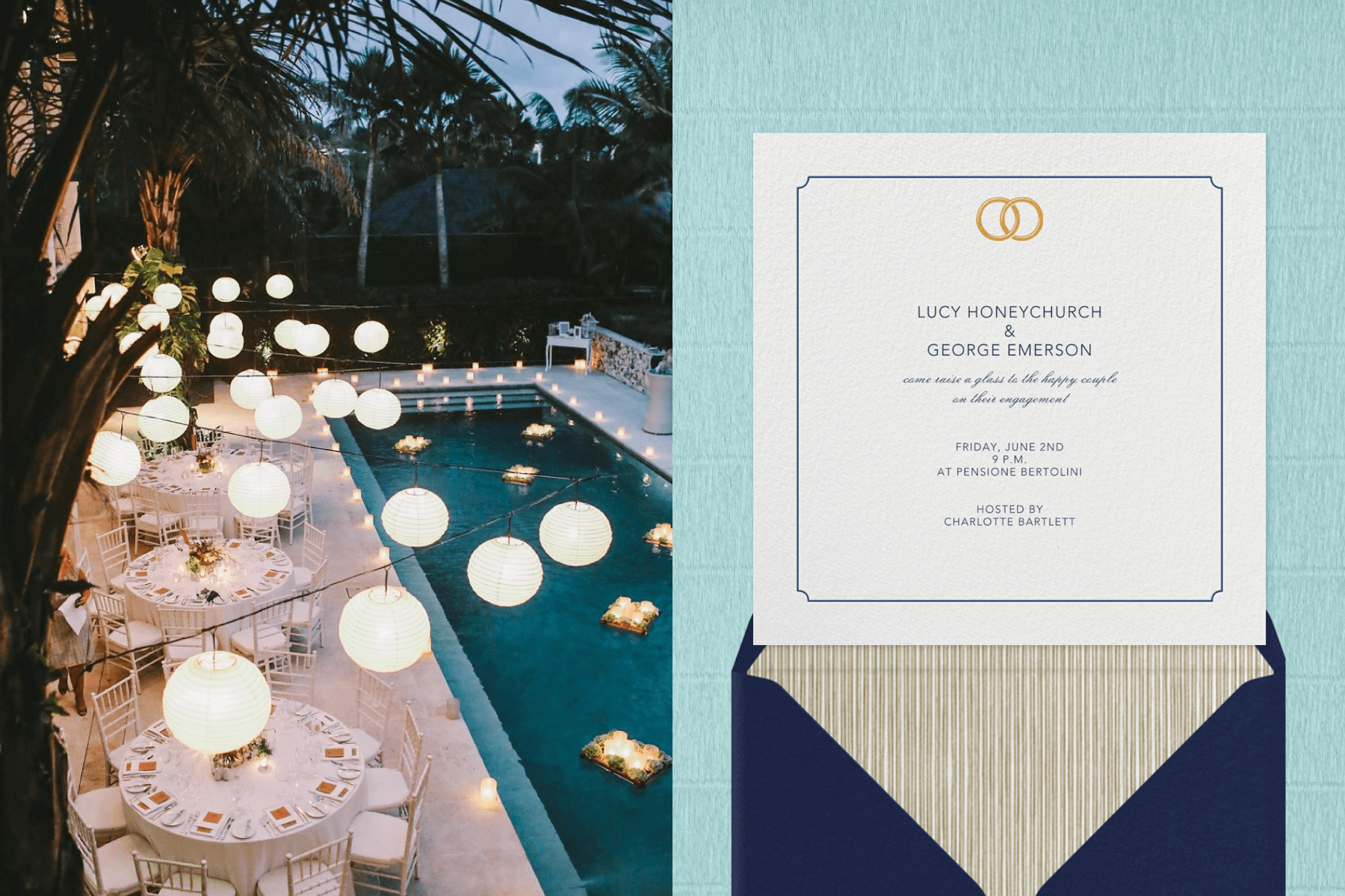 An aerial view of three round tables set next to a swimming pool in the evening with round paper lanterns hanging overhead. Right: A square engagement party invitation with a thin navy blue border and indented corners with two interlocked gold rings at the top.