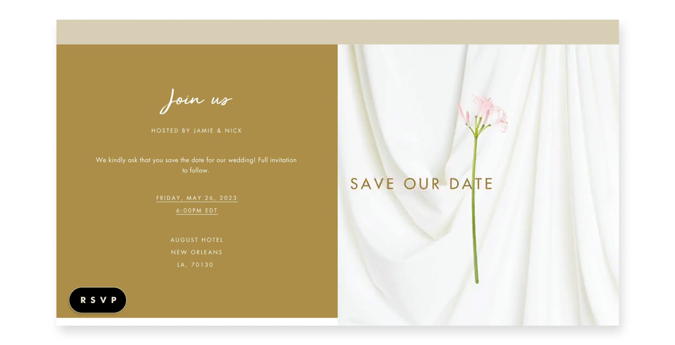 An online save the date with a white fabric background and a sprig of light pink roses with the phrase “Save Our Date.”