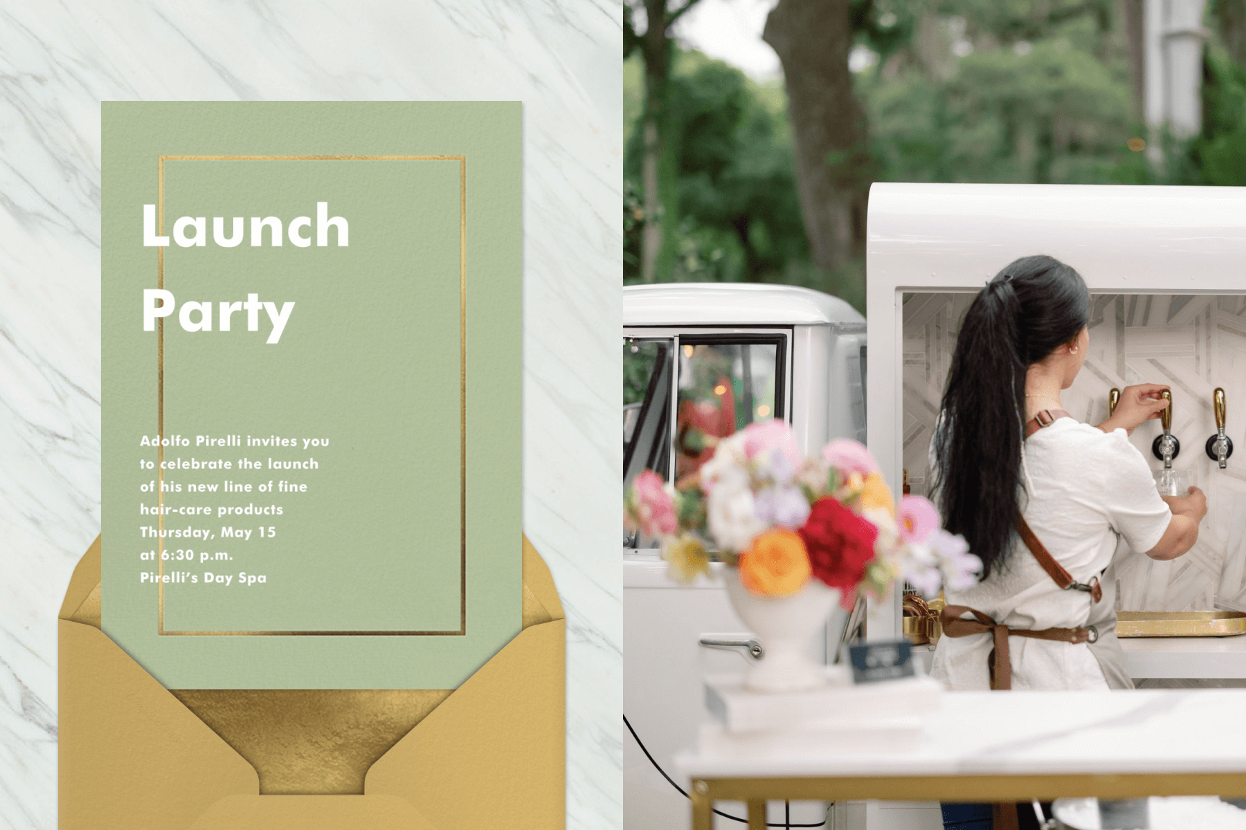 A sage green invitation with gold inner border; a woman fills a glass from a tap on a white truck at an outdoor event.