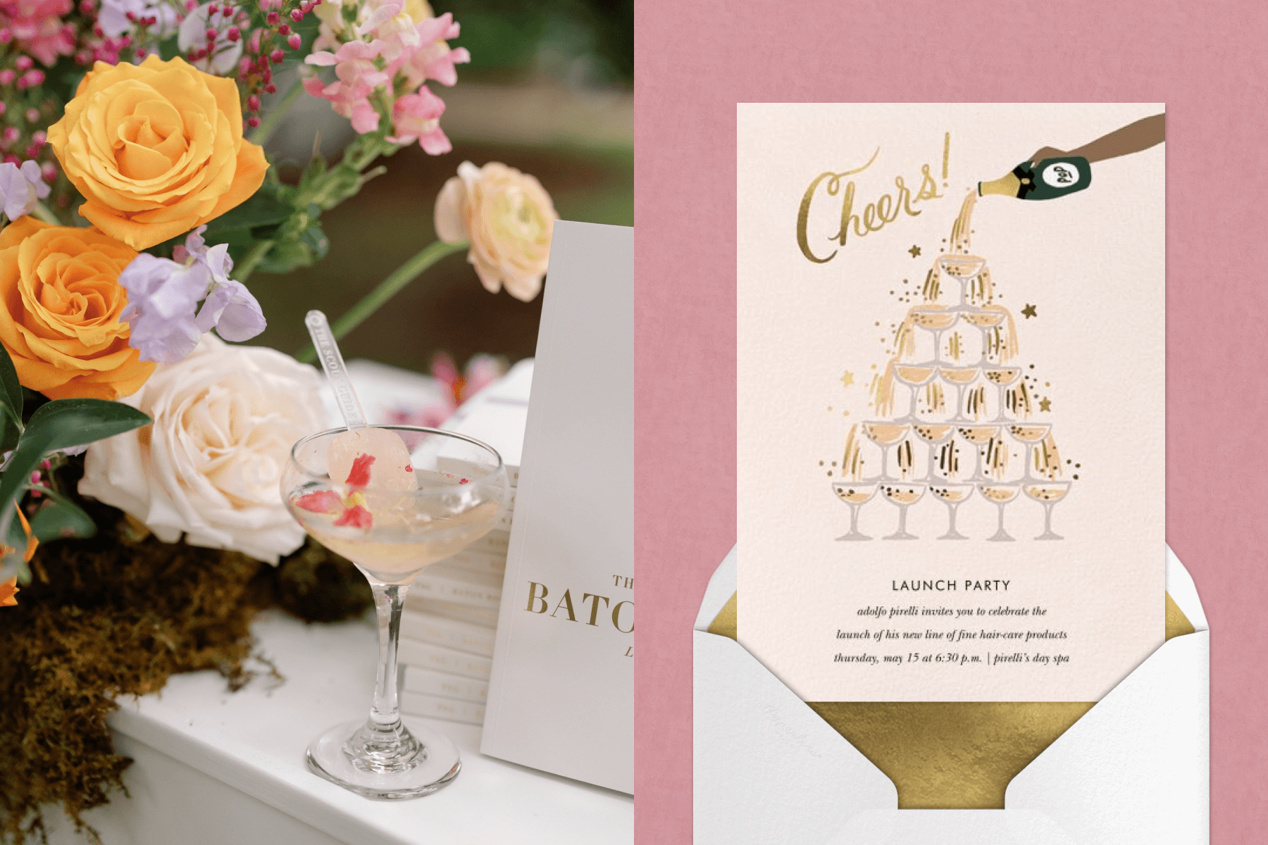 A coupe glass with a pastel floral arrangement behind it; an invitation with a hand pouring a bottle of Champagne over a tower of coupe glasses. 