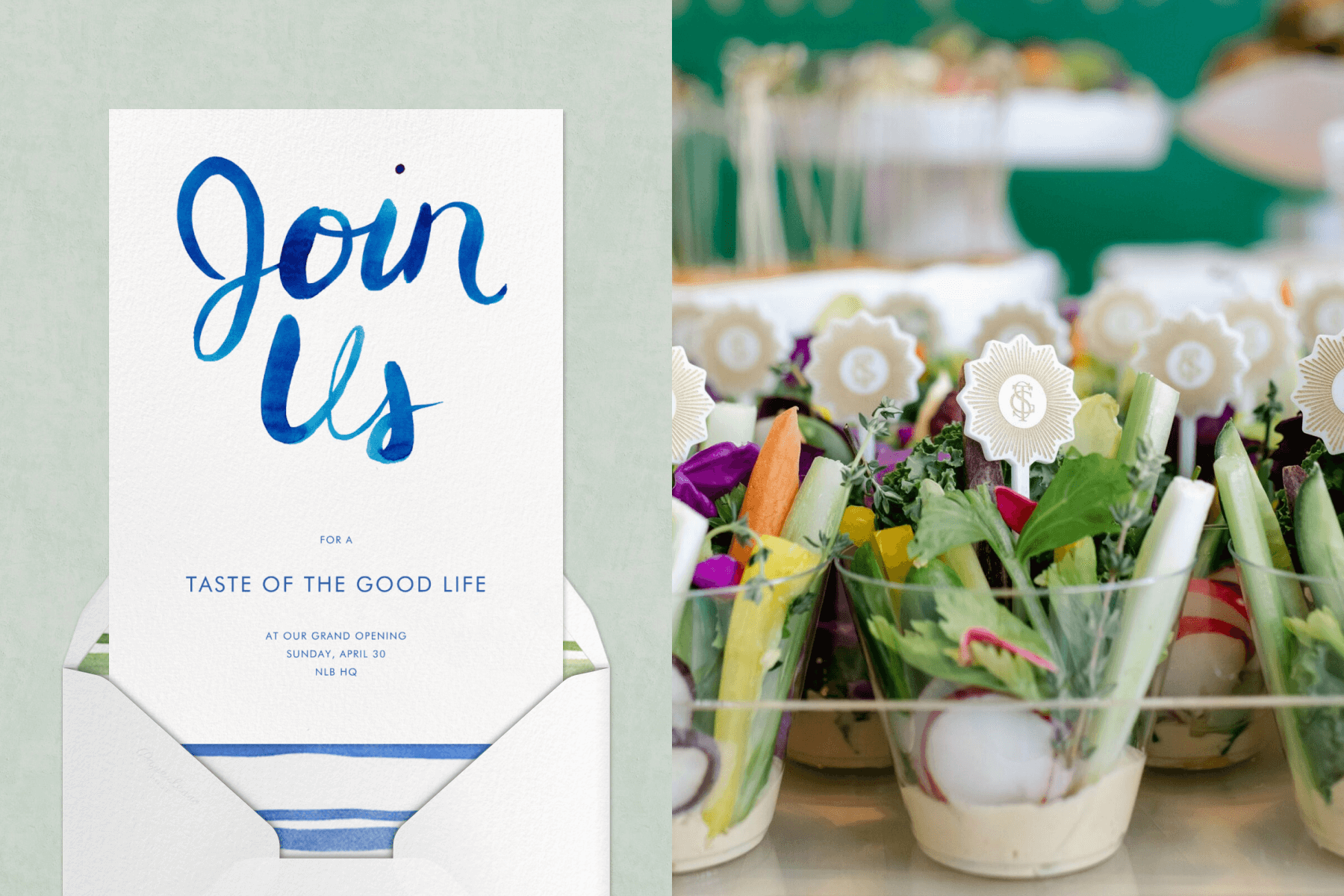 An invitation reads ‘join us’ in blue cursive handwriting; salad and hummus cups.