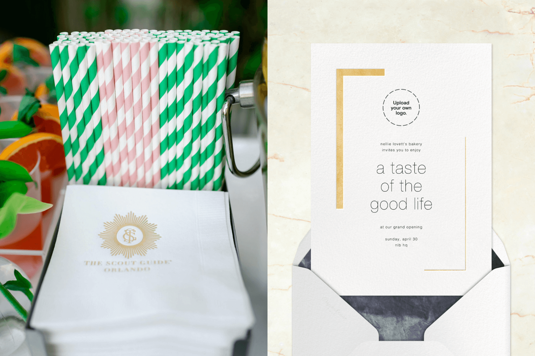 Monogrammed napkins and paper straws with pink and green stripes; a white invitation with a partial gold border and space for a logo. 