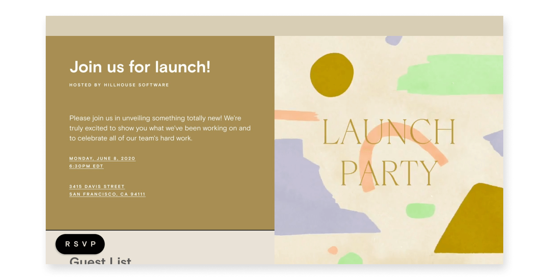 An online invitation with abstract pastel shapes and the words ‘launch party.’