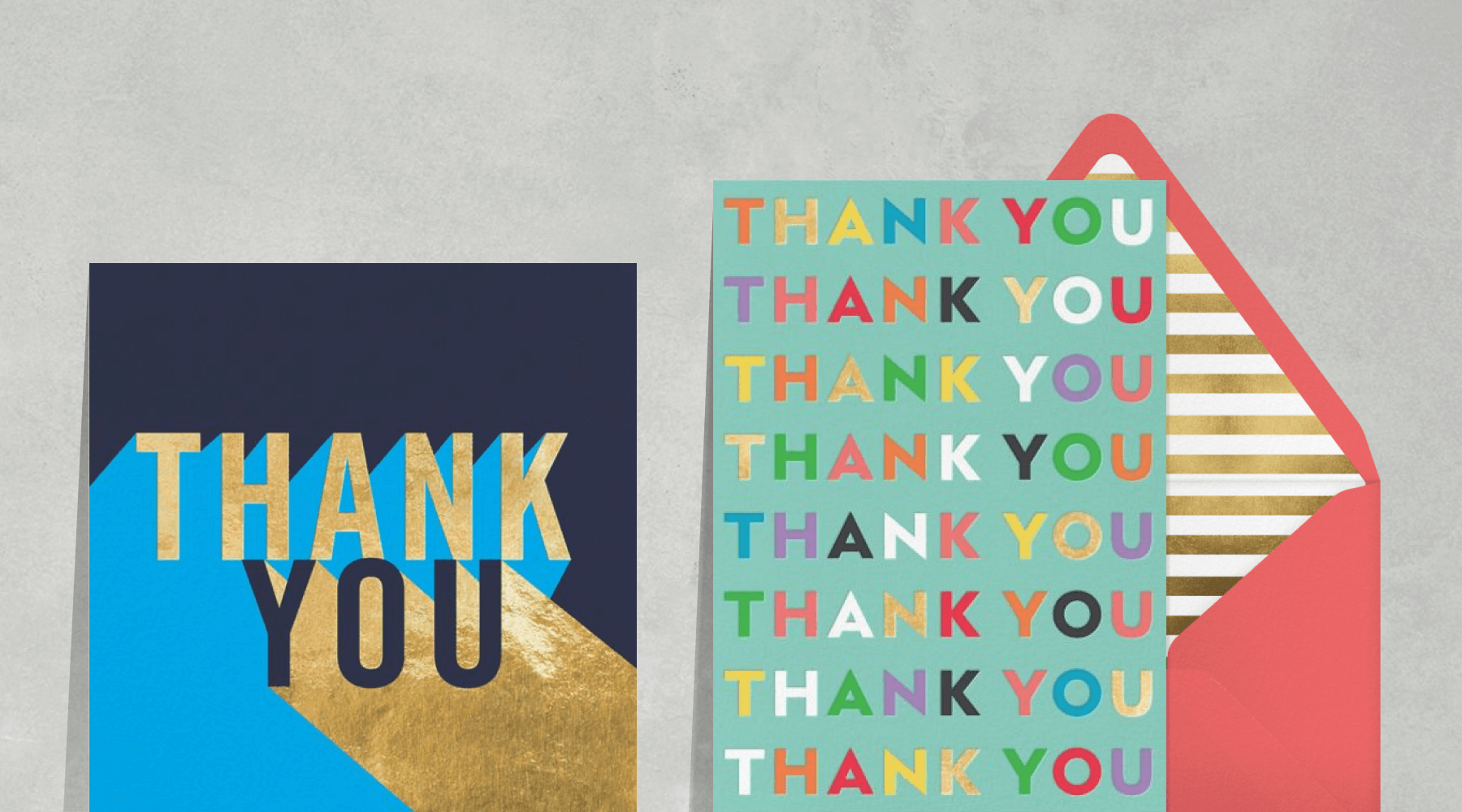 Blue, navy, and gold thank you card with forced perspective; aqua card with the words ‘thank you’ repeated in rainbow letters next to a pink envelope.