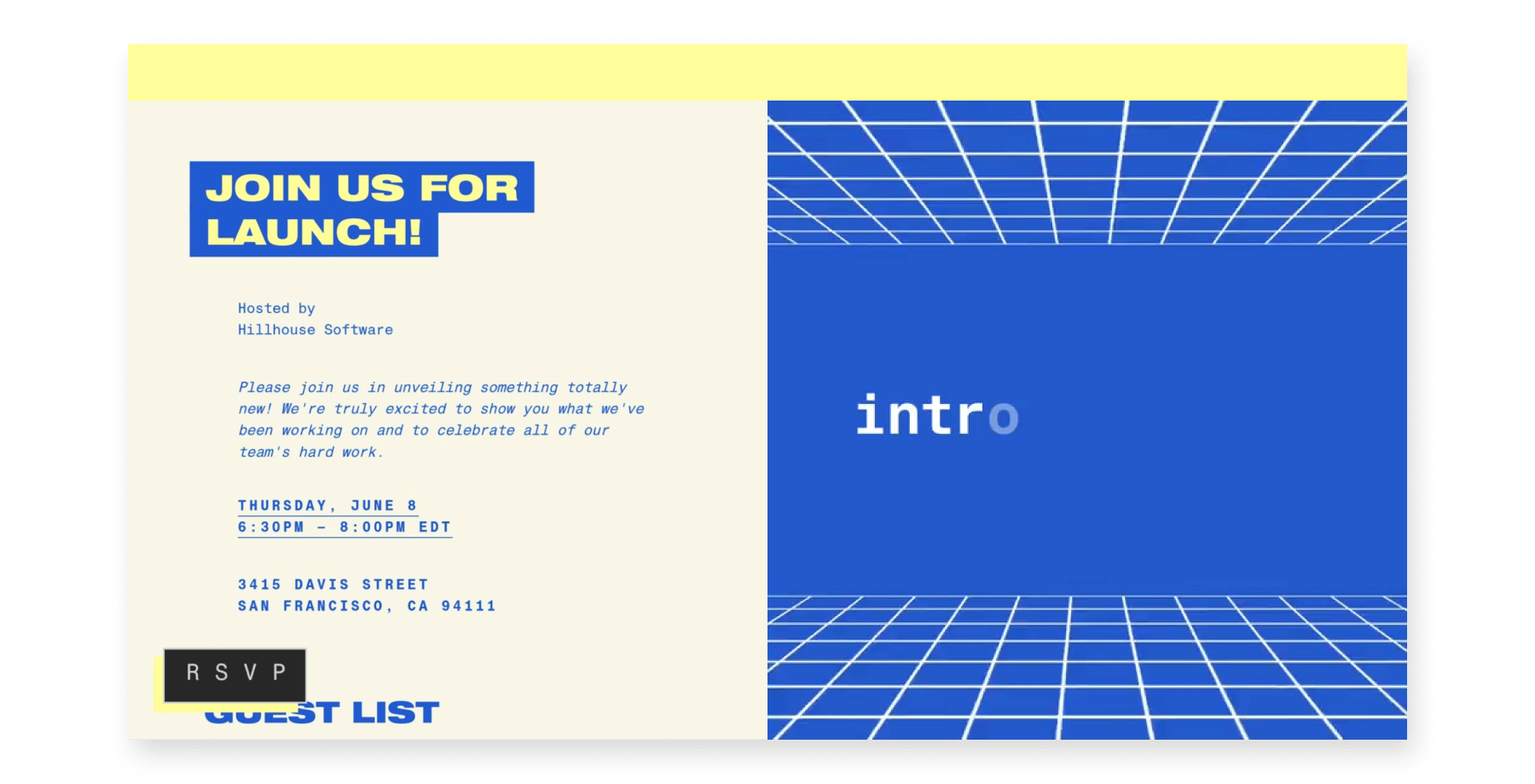 Online invitation with the word ‘introducing…’ on a blue grid background.
